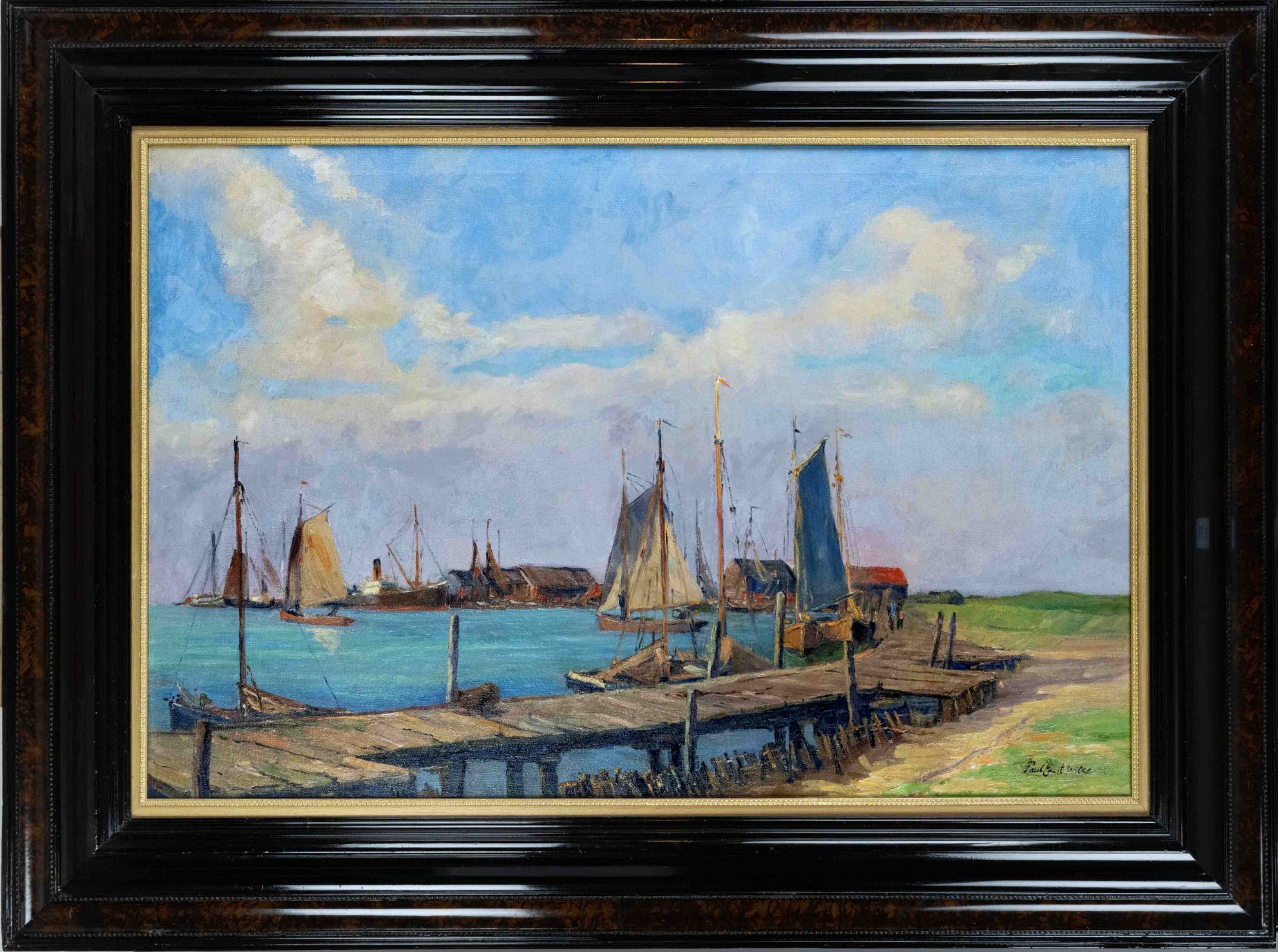 Paul Ernst Wilke (1894-1971), Worpswede painter, large harbor view, oil on canvas, signed lower