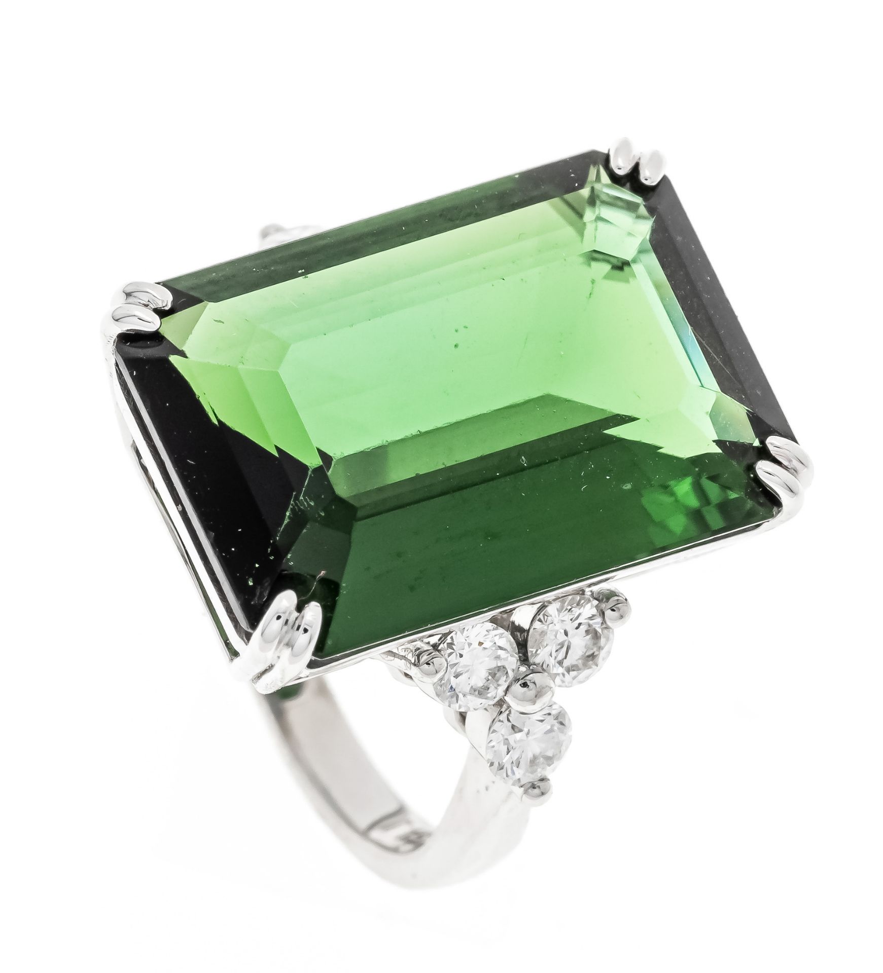 Tourmaline brilliant ring WG 750/000 with an emerald-cut faceted tourmaline 14.1 ct dark luminous