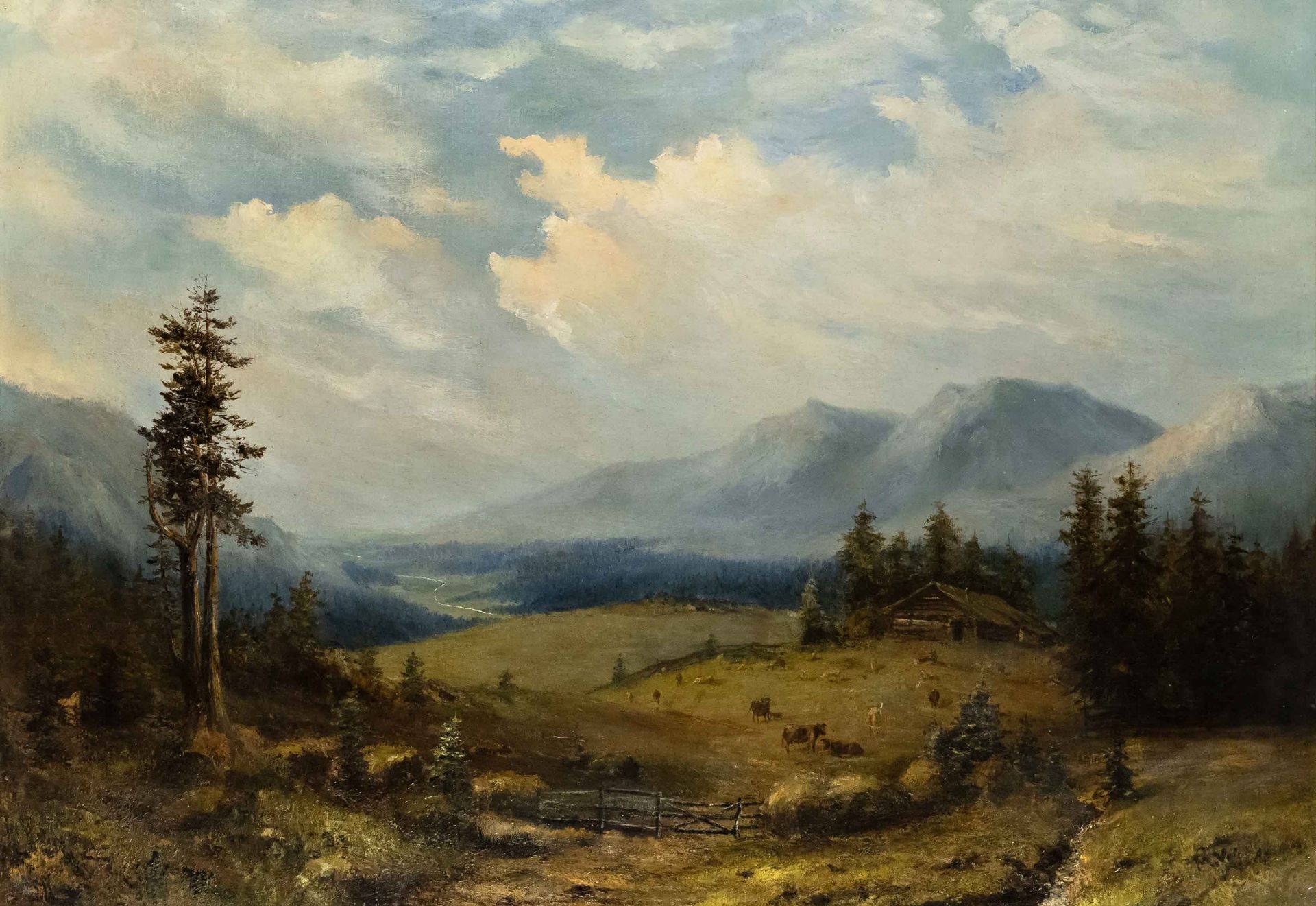 Moritz Veit (1867-ca.1930), large panorama of the Alps with a wide view into a valley, oil on canvas