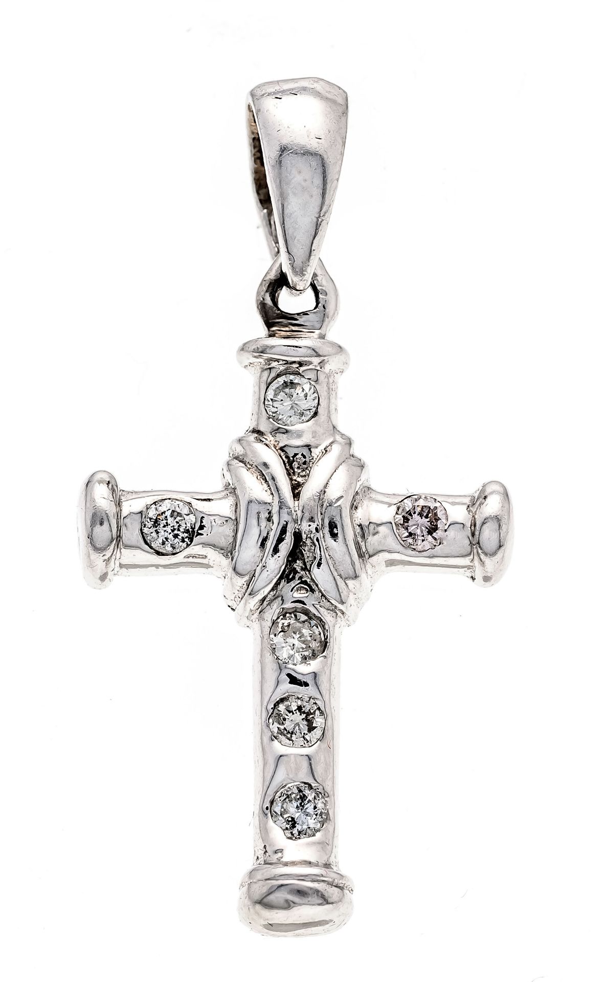 Cross pendant WG 585/000 with 7 brilliant-cut diamonds, add. 0.18 ct l.tintedW/SI, l. 31 mm, 3.1 g