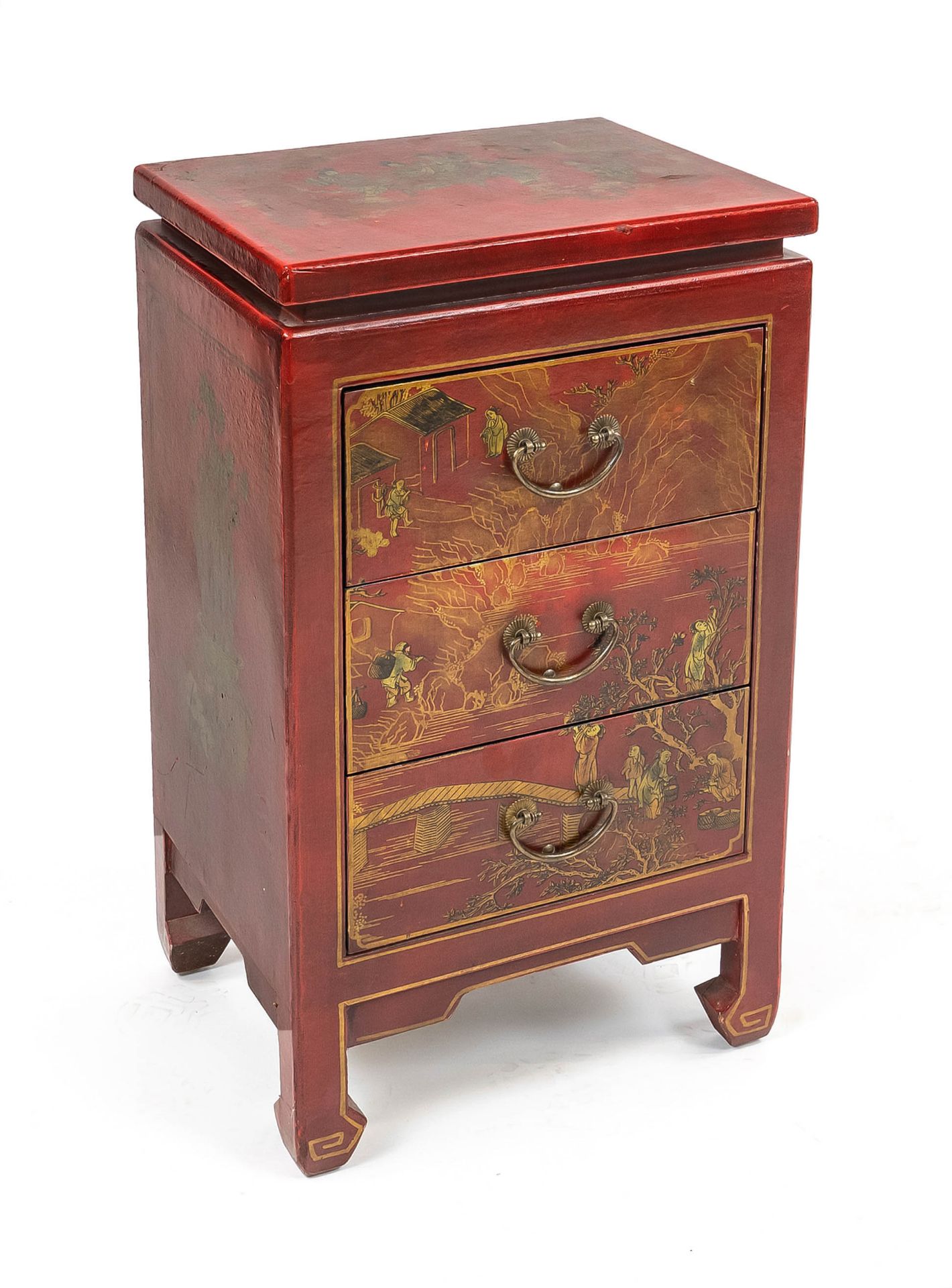 Red Qing style side cabinet, China, 20th c., red lacquered wood with exalted lacquer painting, fairy