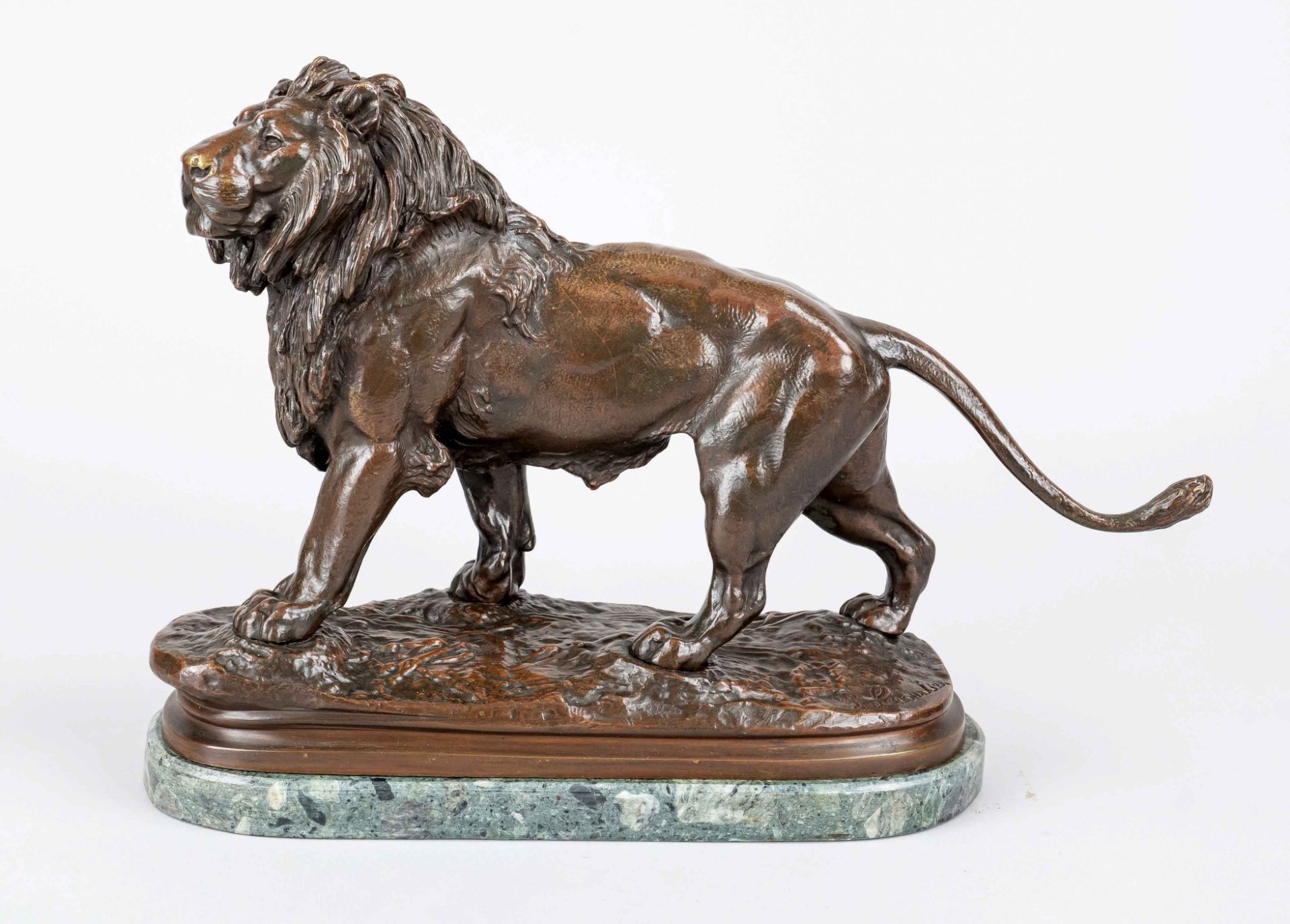 Prosper Lecourtier (1855-1924), French animal sculptor, proud lion, brown patinated bronze on