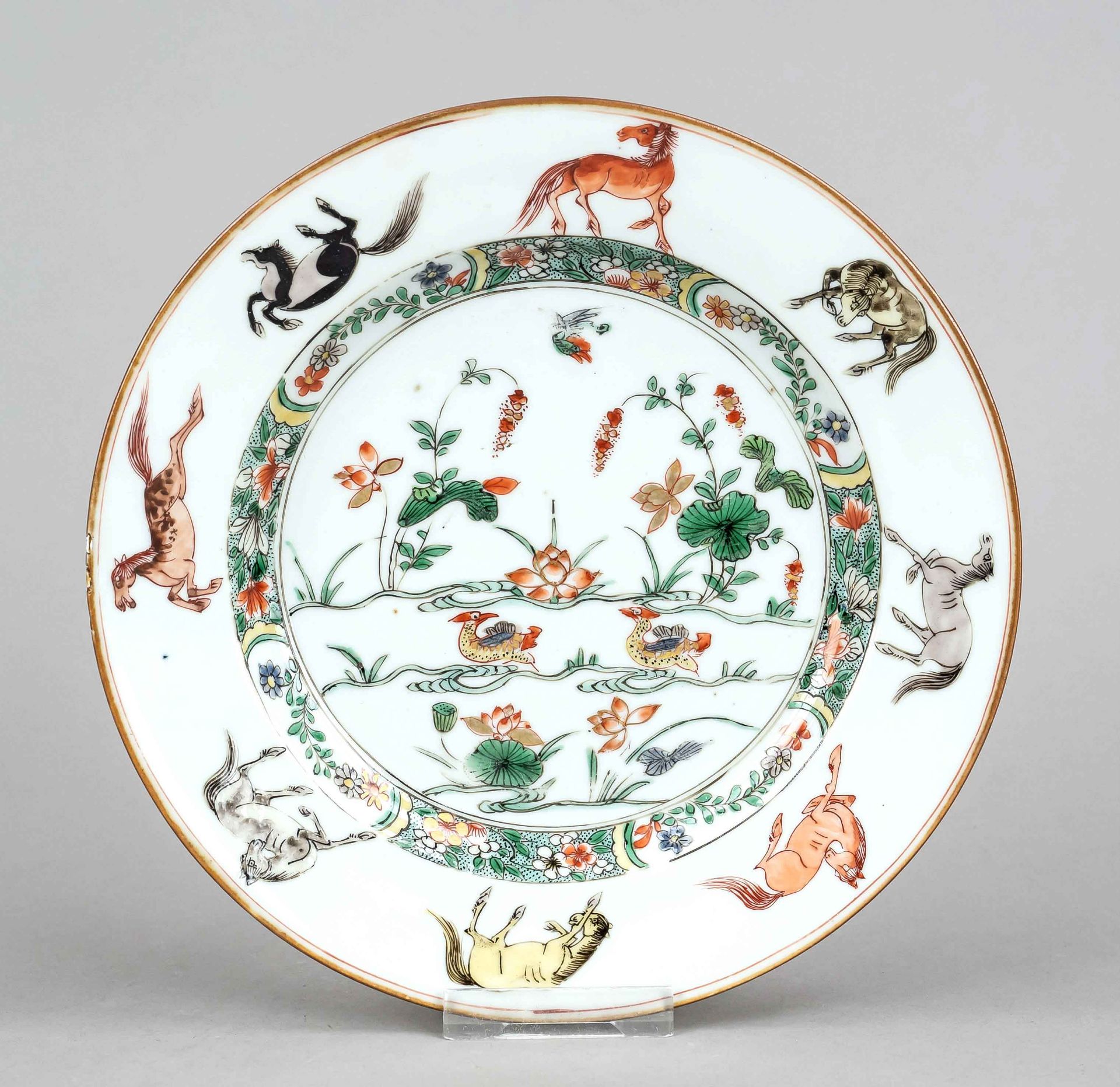 Plate ''Stallions and Waterfowl'' Famille Verte, China, Qing, Kangxi period(1662-1722), porcelain