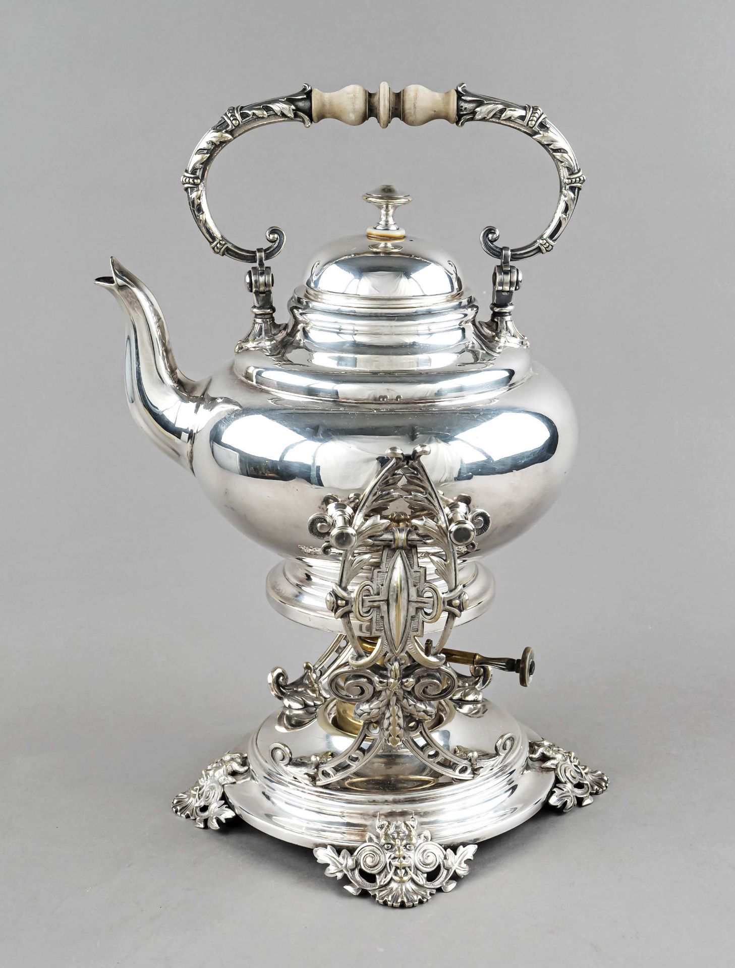 Tea kettle on rechaud, German, c. 1900, maker's mark WMF, Geislingen, plated, rechaud with round