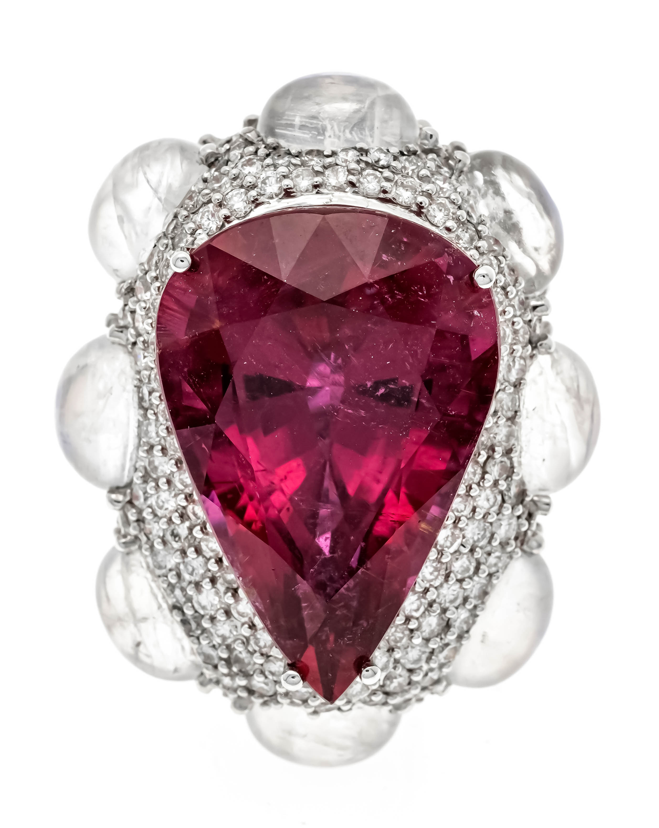 Rubellite-moonstone-brilliant ring WG 750/000 with a drop-cut faceted tourmaline ca. 33,10 ct - Image 2 of 5