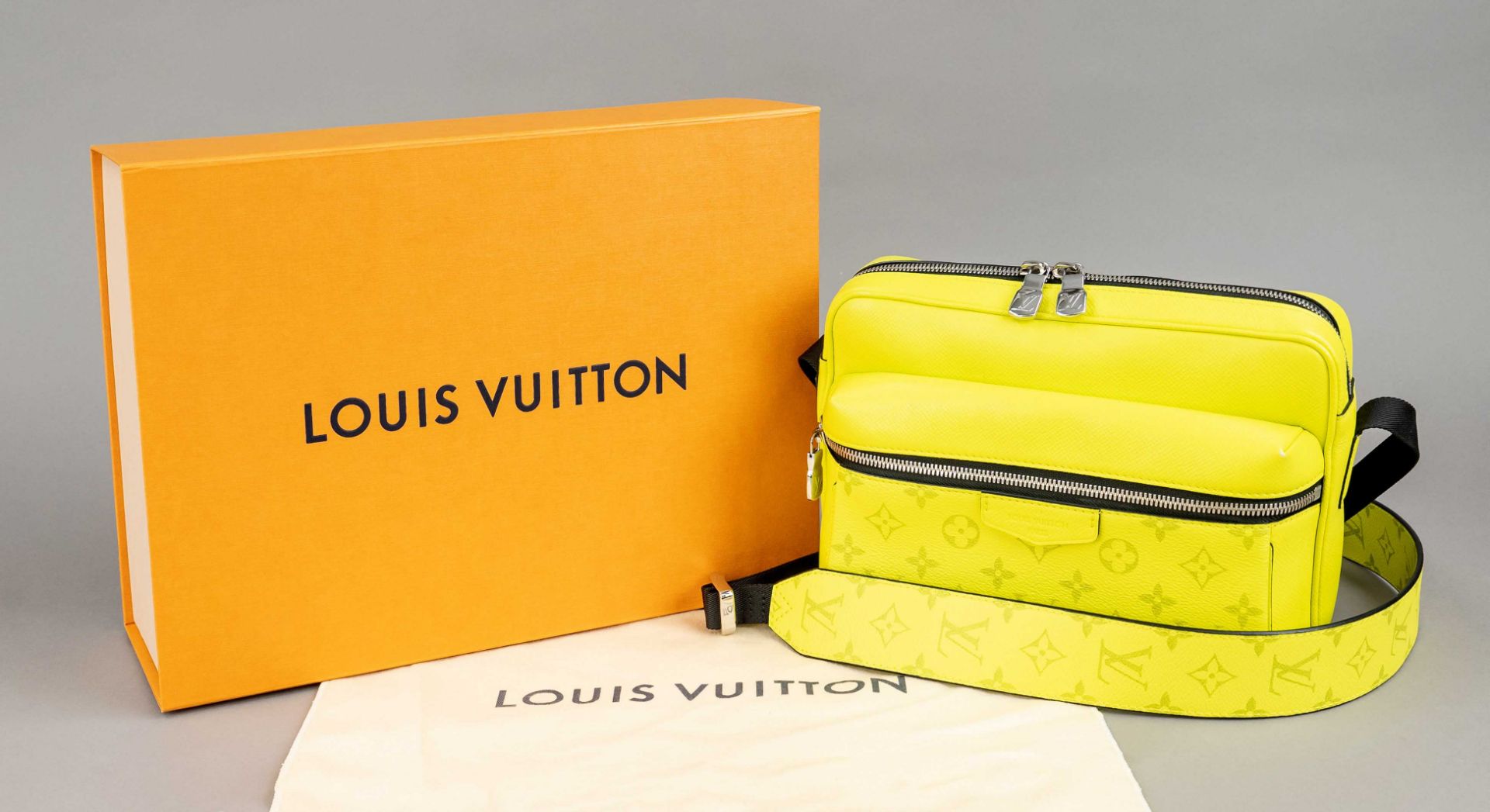 Louis Vuitton, Neon Yellow Outdoor Messenger Bahia Monogram Eclipse Taigarama Bag, rubberized cotton