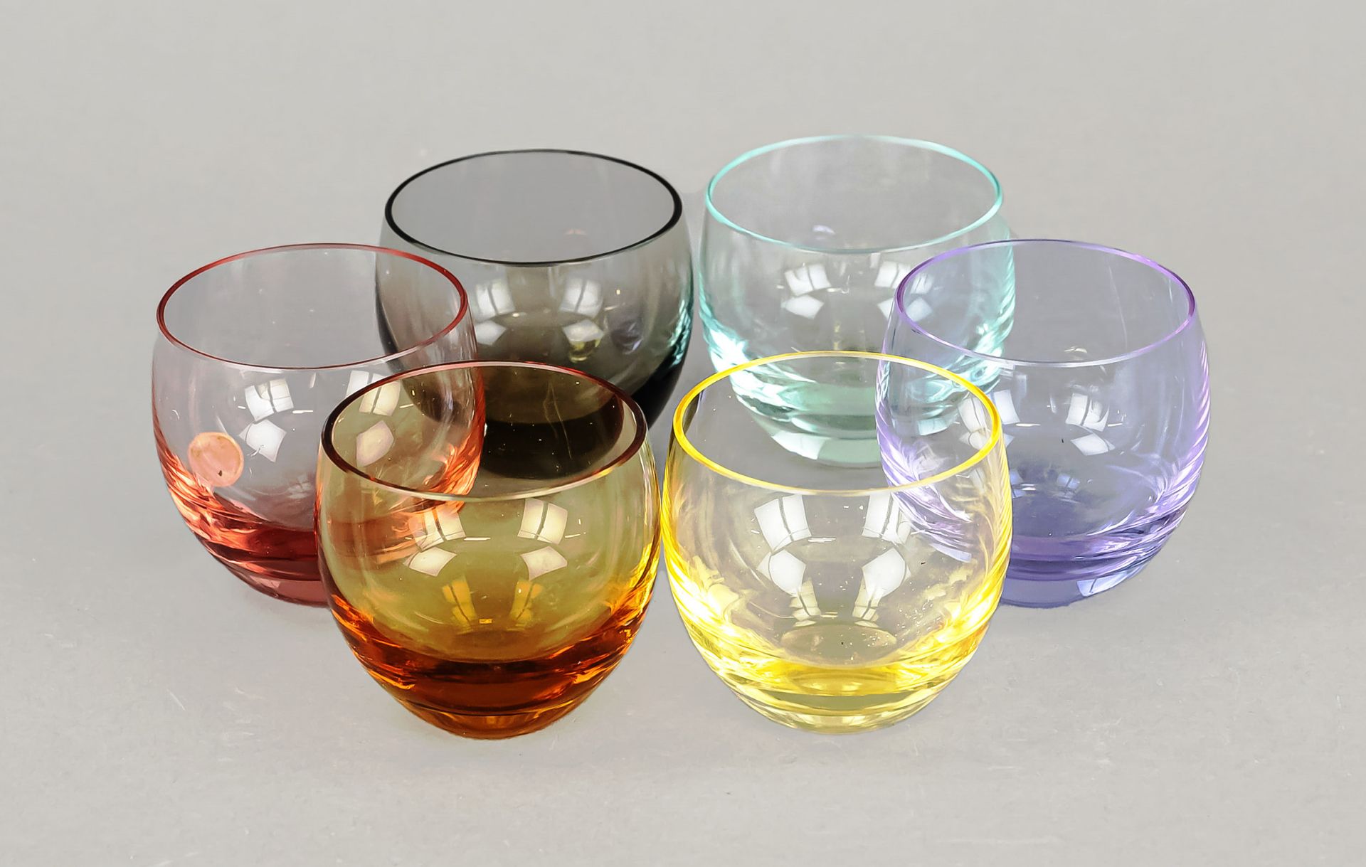 Six shot glasses, Moser & Söhne, Karlovy Vary, 2nd half of the 20th century, bulbous shape,