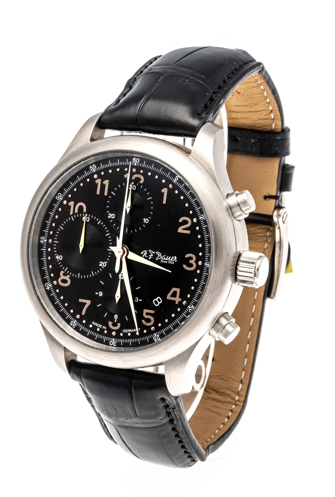 H.F.Bauer Chronograph, automatic, model Hockenheim II, ref. 808, 750/000WG, black dial, rose arab.