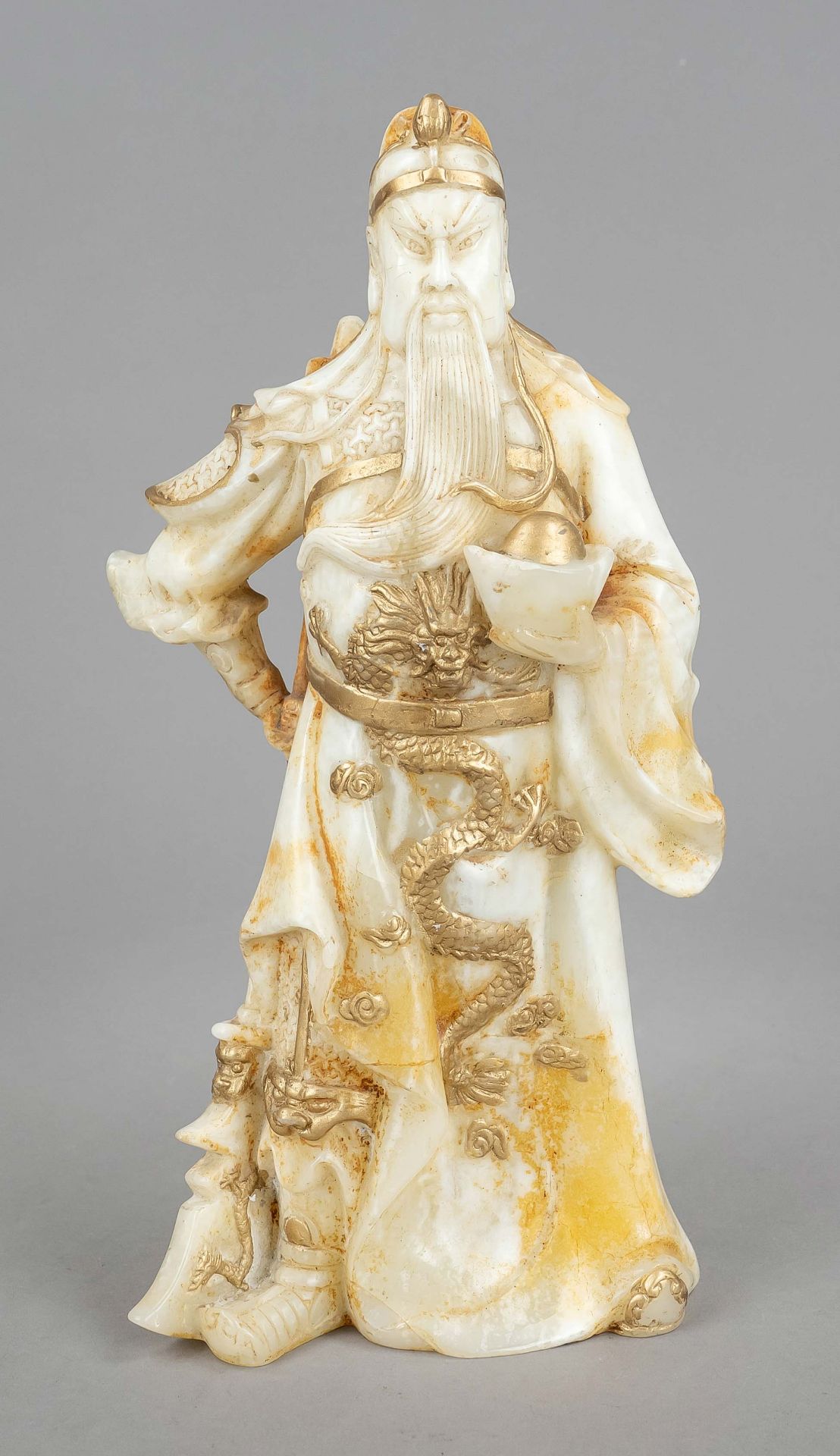 God of war with halberd and gold ingot, China, 20th century, whitish jade-like mineral carved