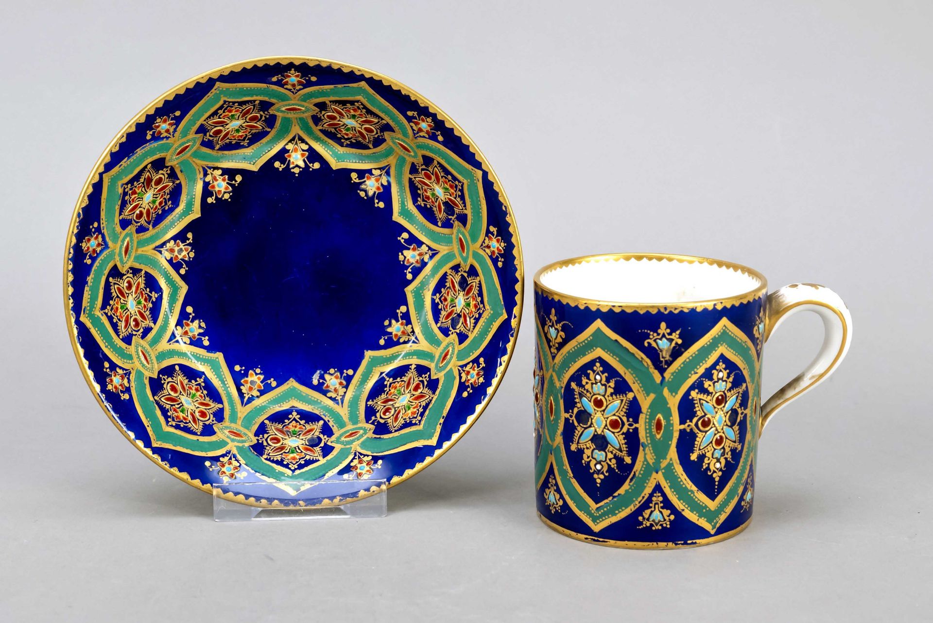 Large cup and saucer, Sevres, France, 1787, roll form (goblet litron), painter's signature for