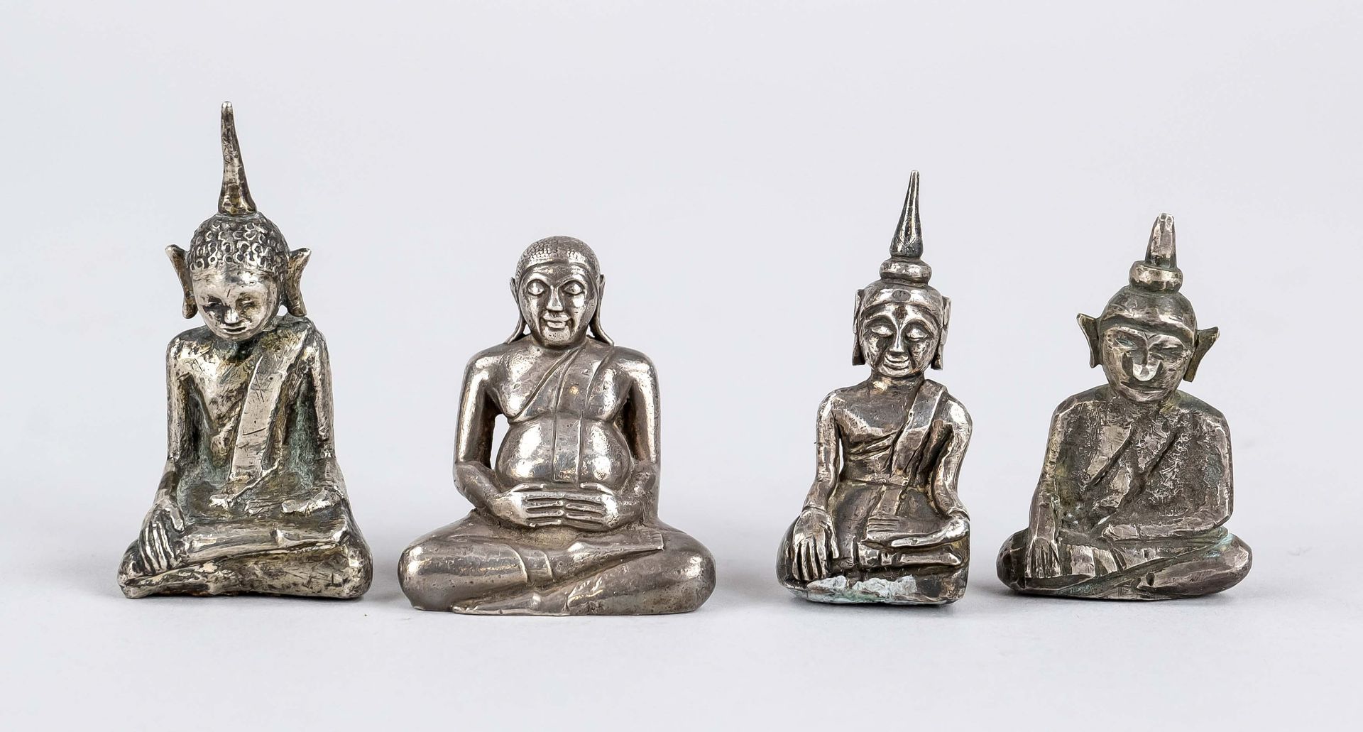 4 silver buddhas, Thailand, 19th/20th c., small silver figures, buddha at enlightenment and