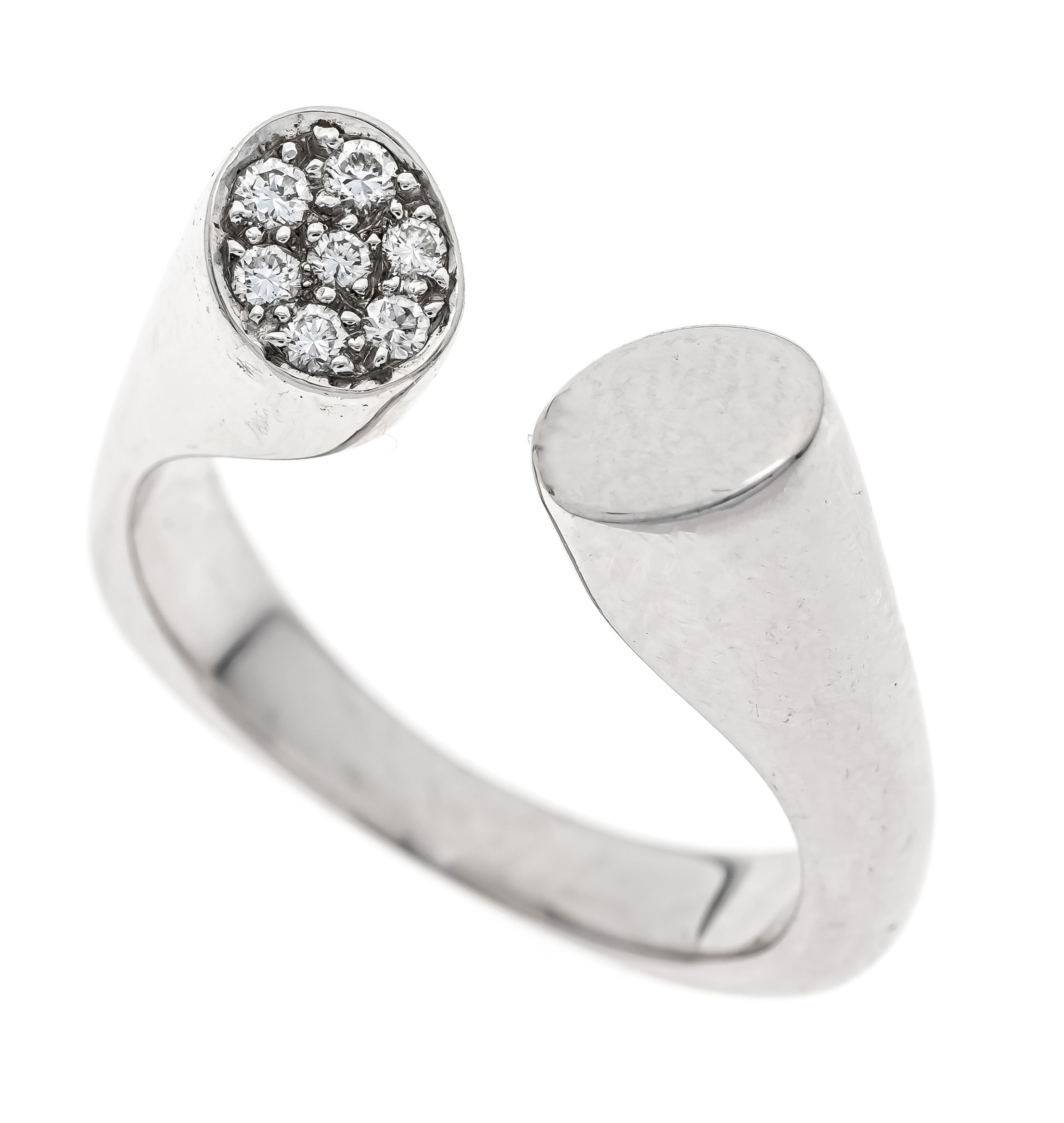 Open design diamond ring WG 750/000 with 7 brilliant-cut diamonds, add. 0.09 ct W/VS-SI, RG 56, 8.