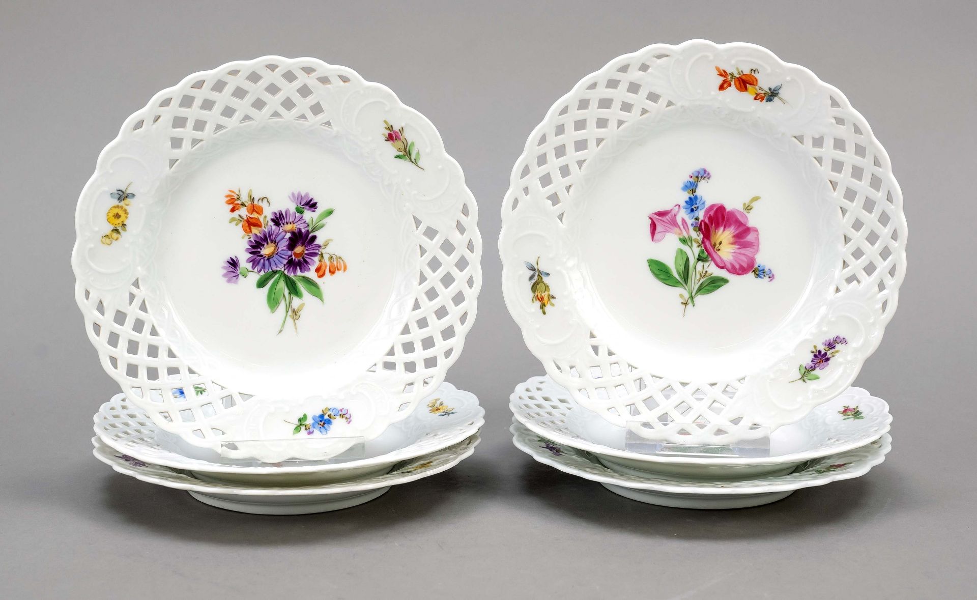 Set of 6 small breakthrough plates, Meissen, pommel swords 1850-1924, 1st choice, polychrome