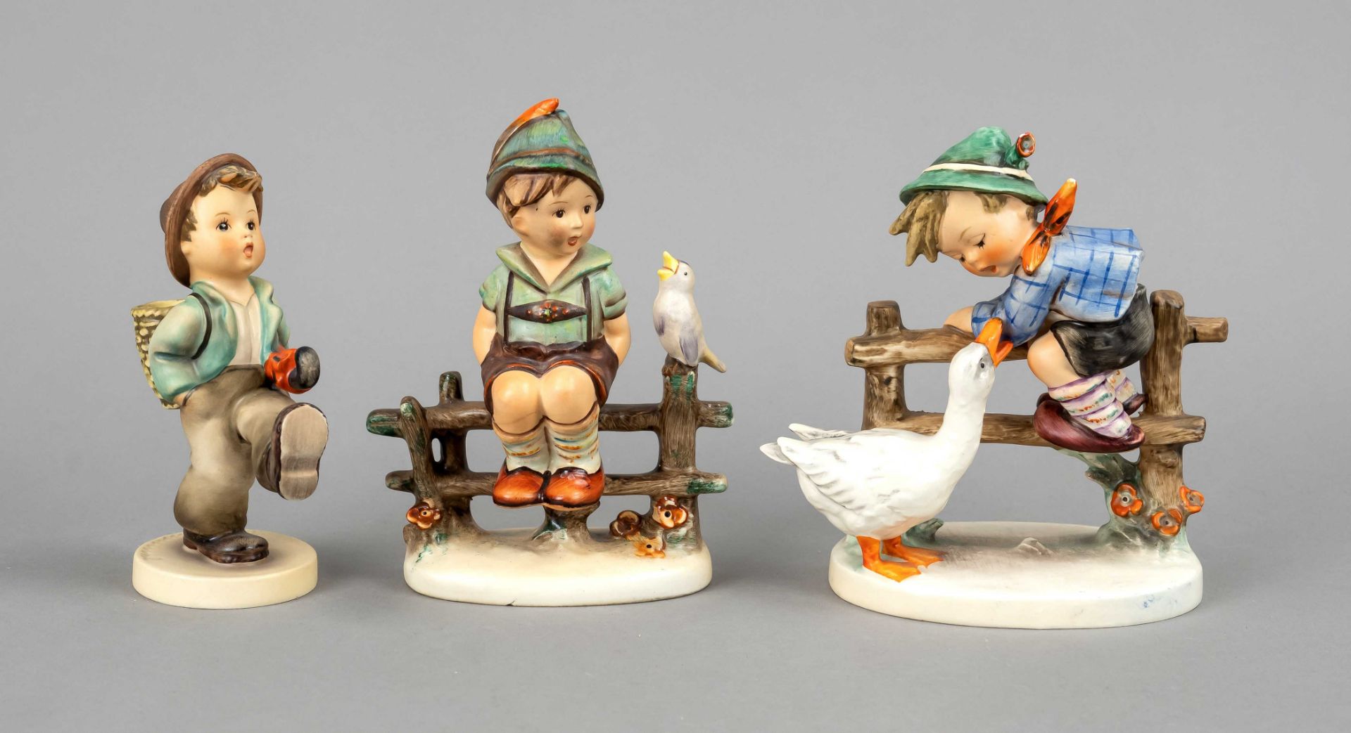 Three Hummel figures, Goebel Oeslau, 1960-70s, design Arthur Möller, 'Hinaus in die Ferne', numm.