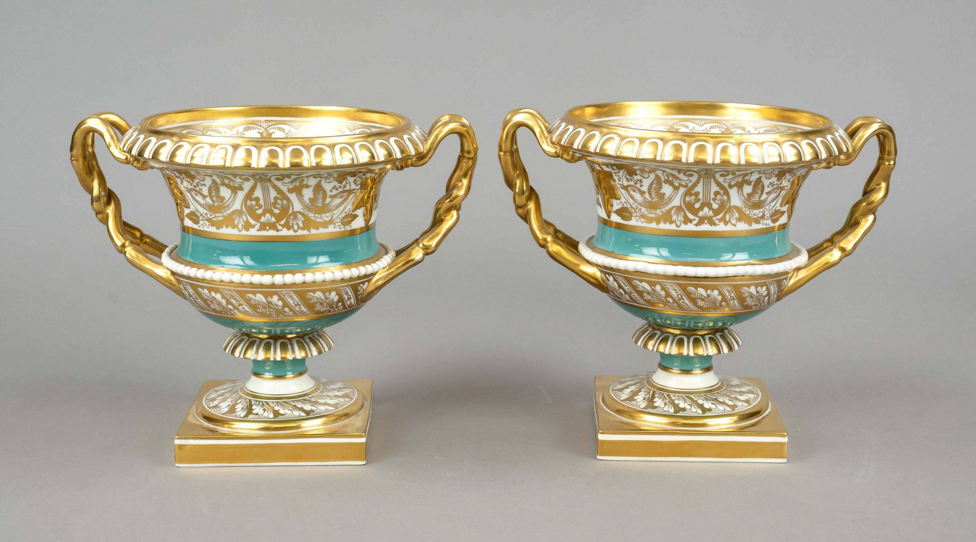 Pair of ostentatious vases, France, 19th c., of squat crater form, with flared godroned lip rim, - Image 2 of 2