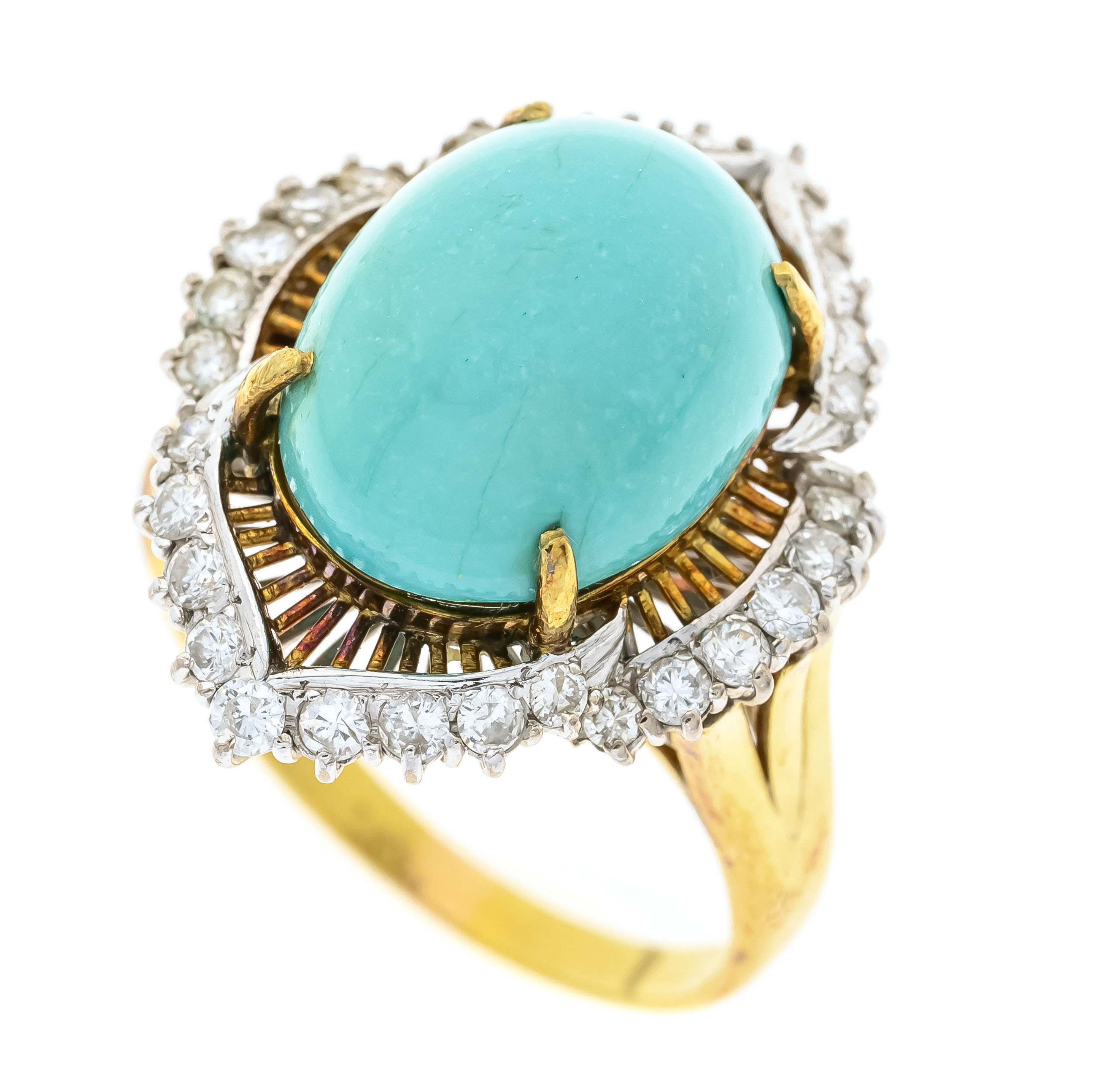 Turquoise diamond ring GG/WG 750/000 with one oval turquoise cabochon 15 x 11.5 mm and 32