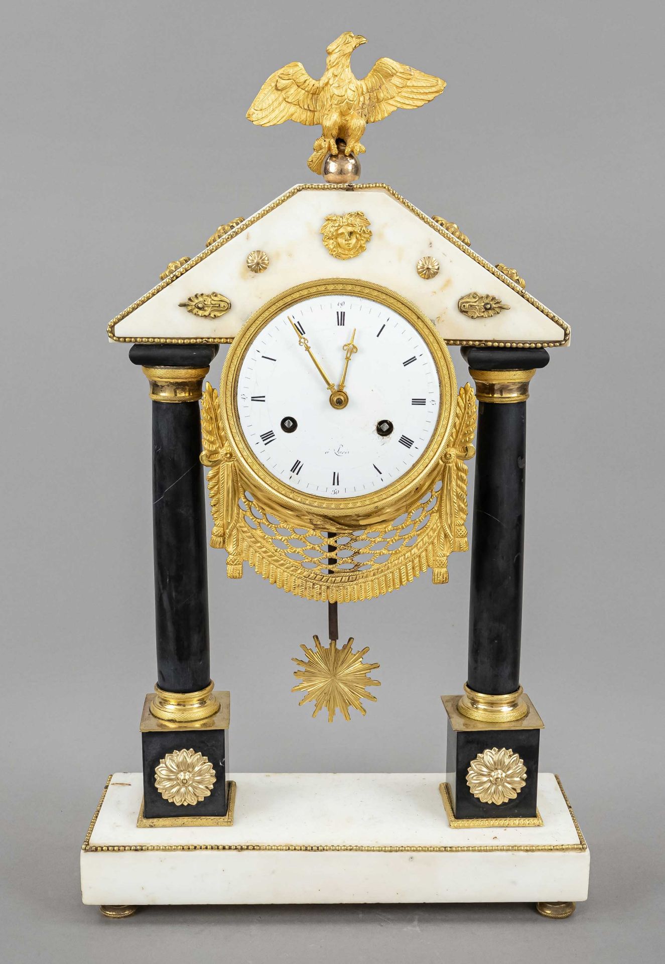 Louis Seize pendulum, black/white marble, 1st half of 19th c., white marble base with gilded