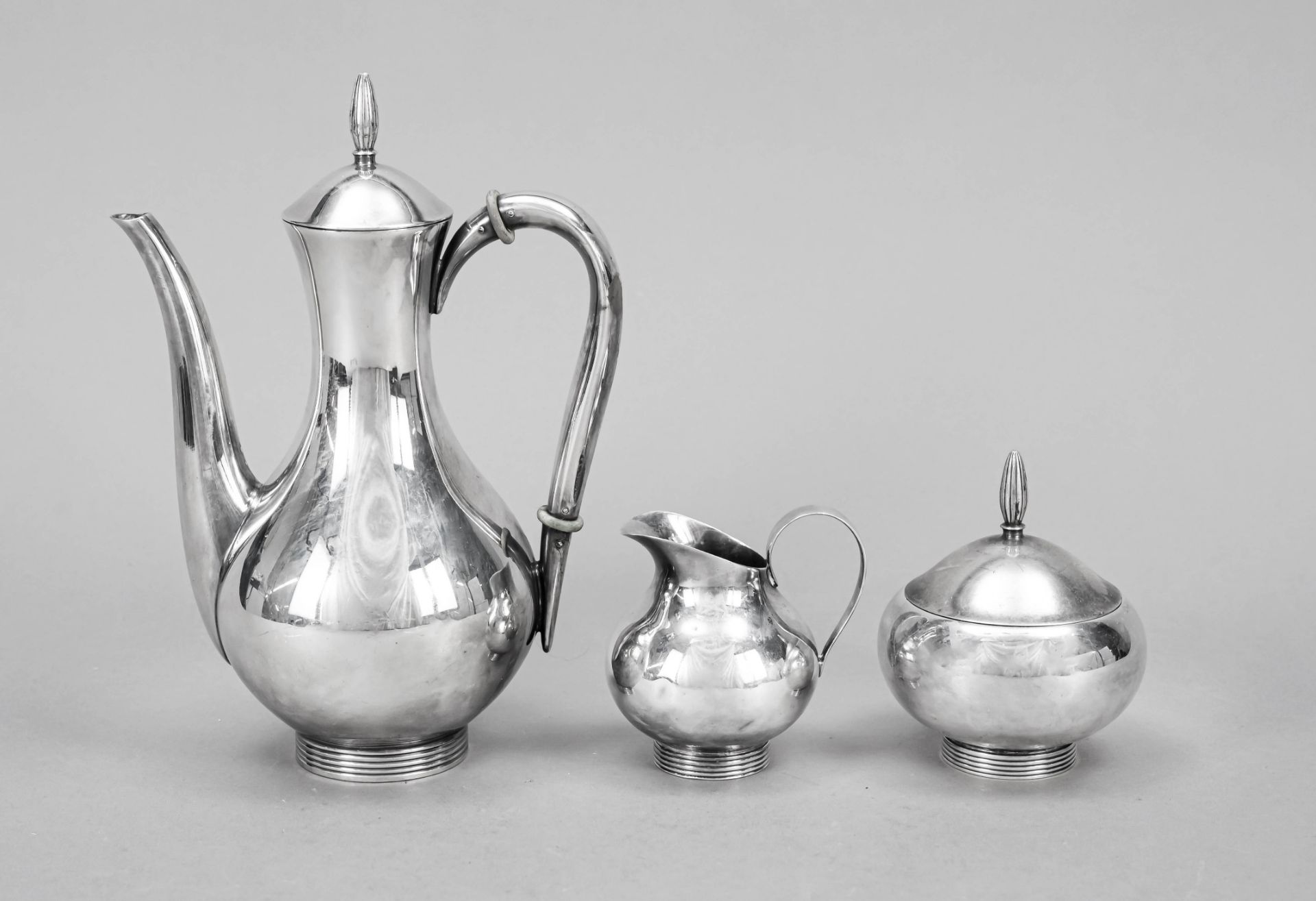 Three-piece mocha pot, German, maker's mark Gebr. Deyhle, Schwäbisch Gmünd, sterling silver 925/000,