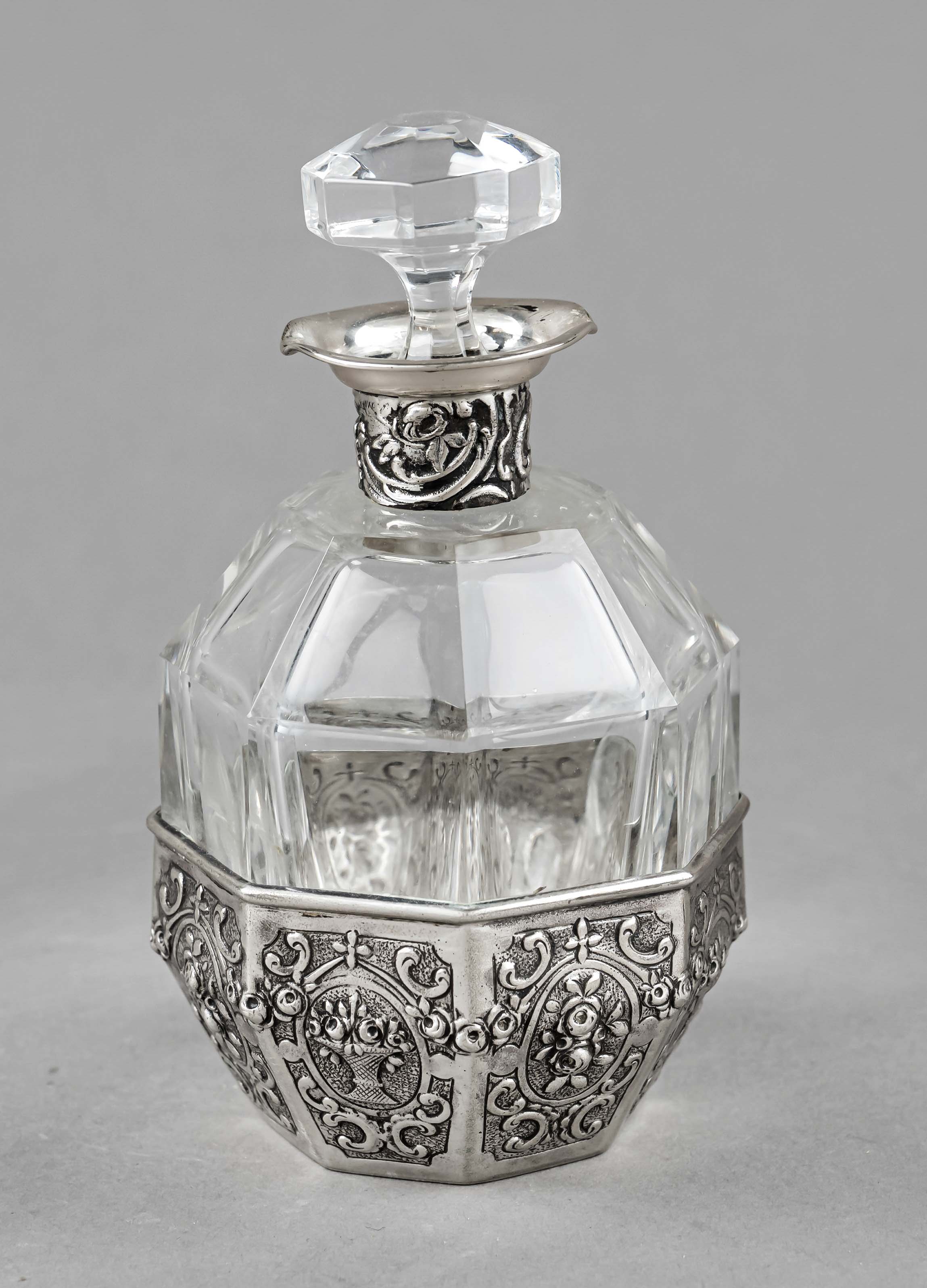 Silver mounted flacon, German, c. 1900, maker's mark Wilhelm Weinranck, Hanau, silver 800/000, stand