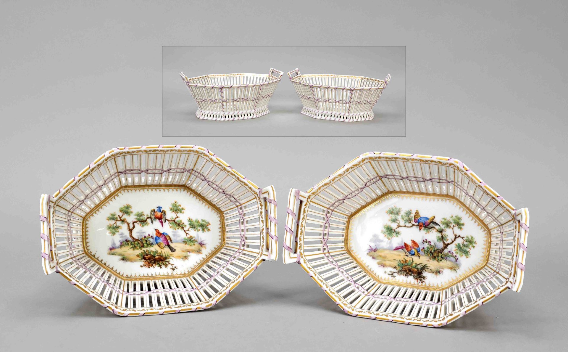 Two basket bowls, KPM Berlin, 20th c., Sevres imitation mark, 2nd choice, classicistic form with
