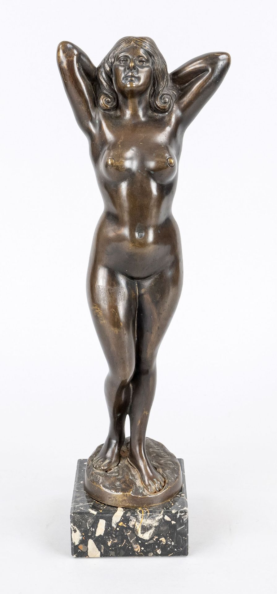 signed Mahusz, sculptor c. 1920, standing female nude, patinated bronze over marble plinth, in stand