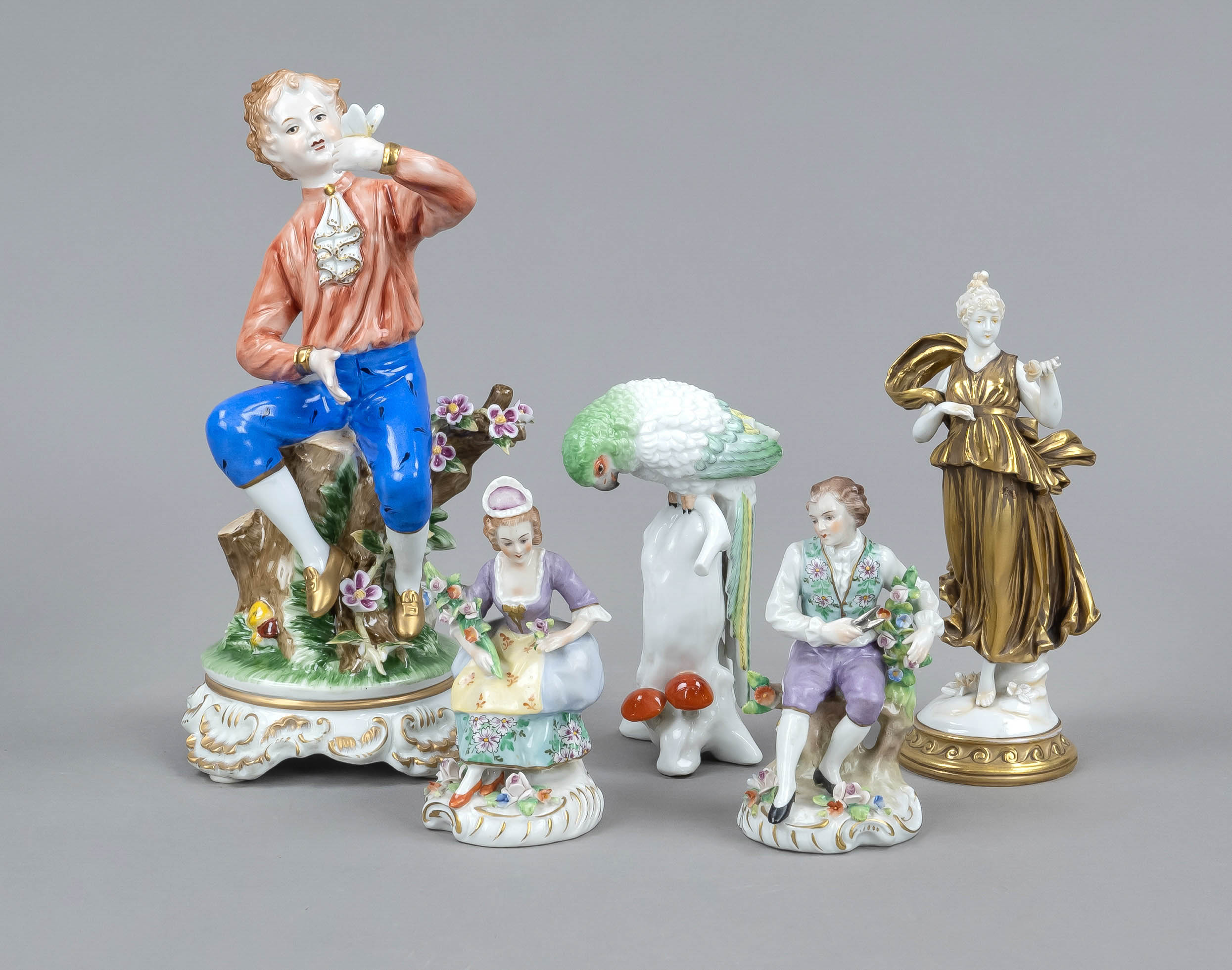 Five figures, Sitting boy on a tree trunk with butterfly in hand, Meissen imitation mark, polychrome