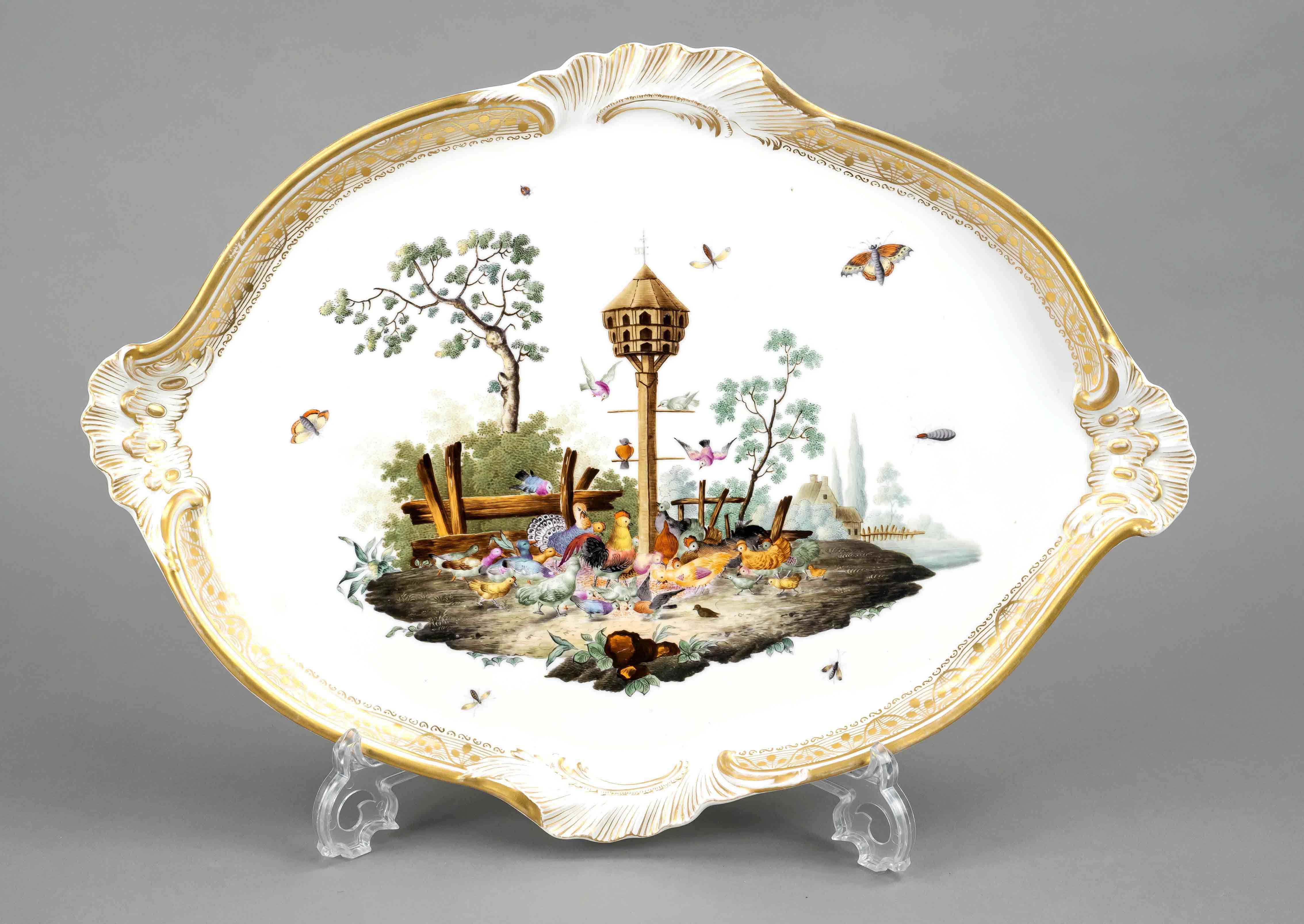 Tray with bird painting, w. Meissen, 19th century, curved oval form with raised rim and 4 gold