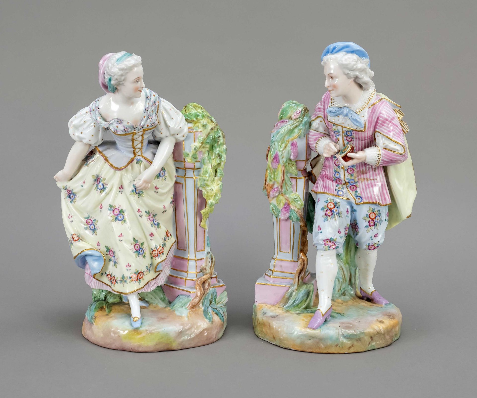 Gallant pair, w. Chelsea, England, 20th c., elegant rococo lady and cavalier standing at flower