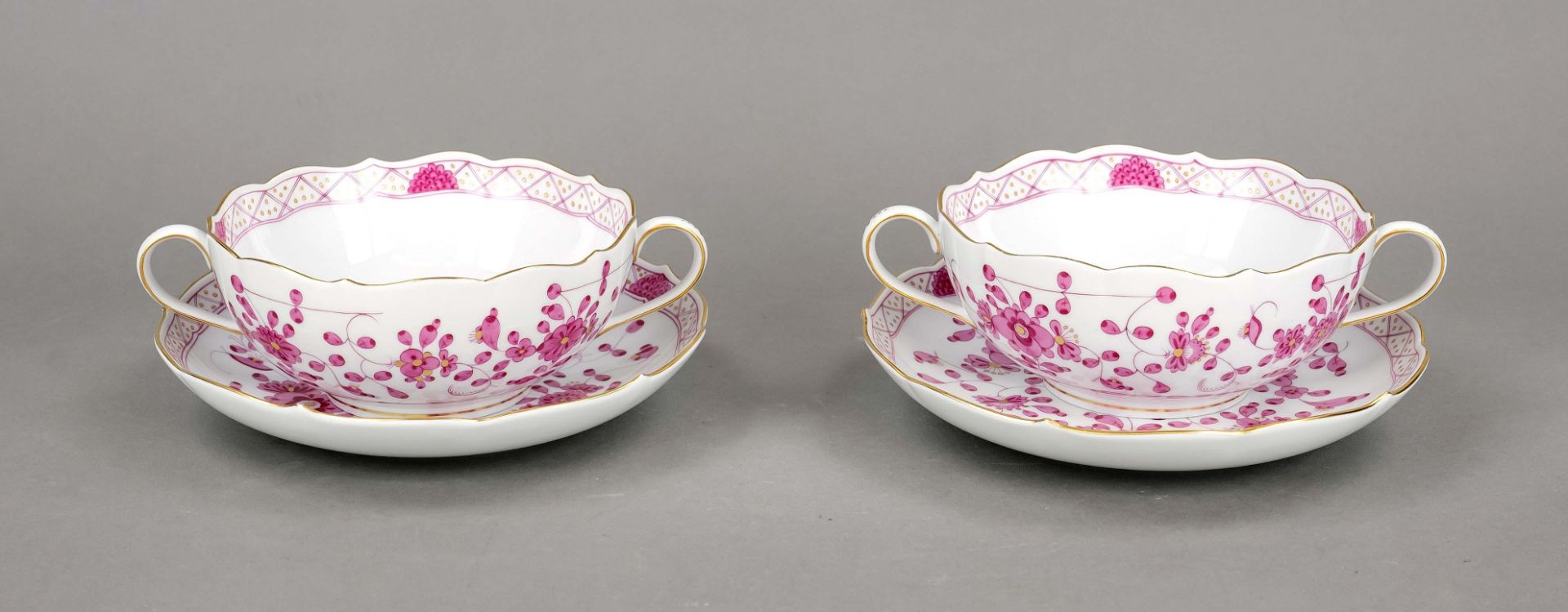 Pair of soup cups with saucers, Meissen, marks after 1934, 1st choice, form New Cutout, decor Indian