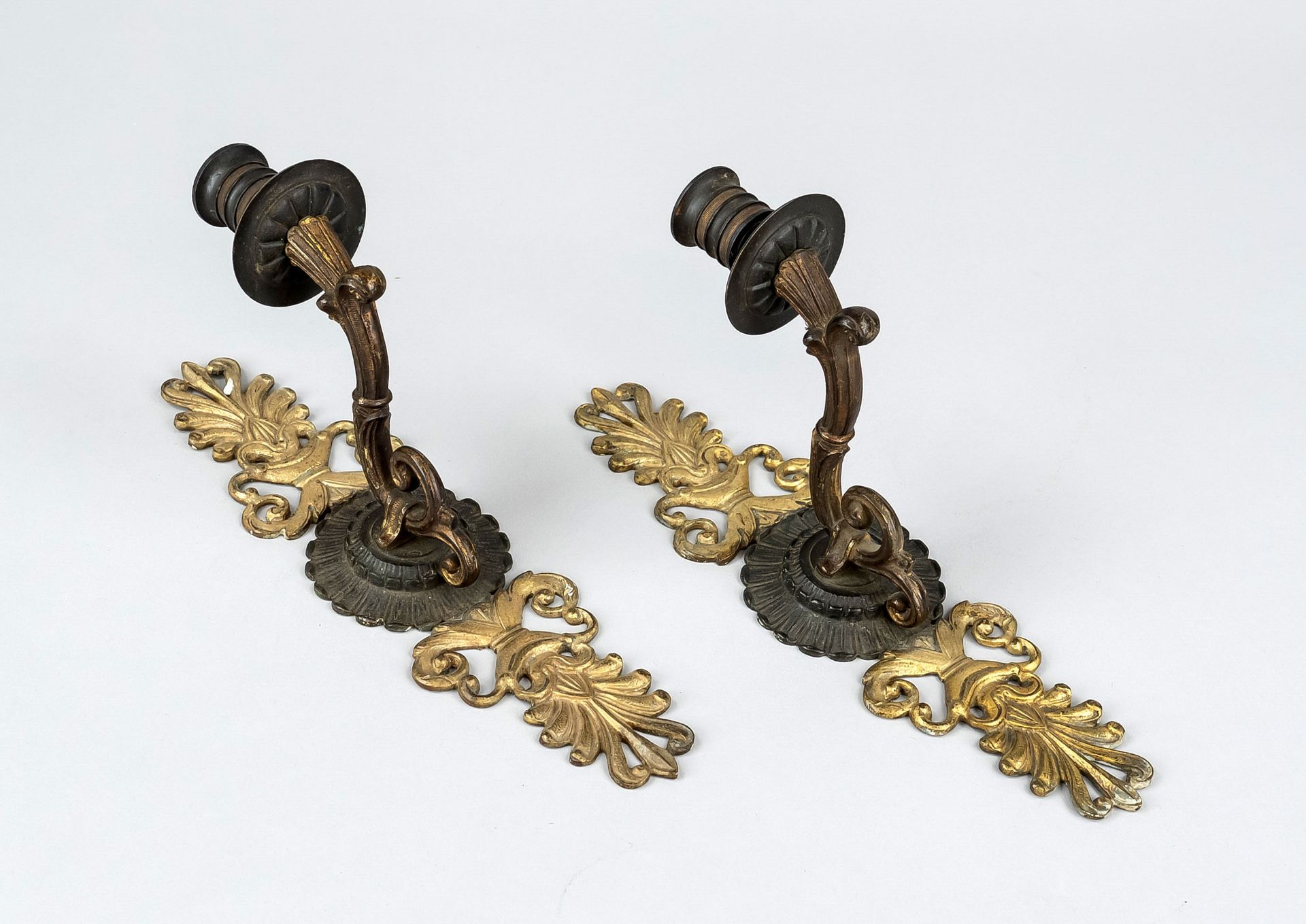 Pair of Empire style sconces, late 19th century, bronze/brass with residual gilding, openwork wall