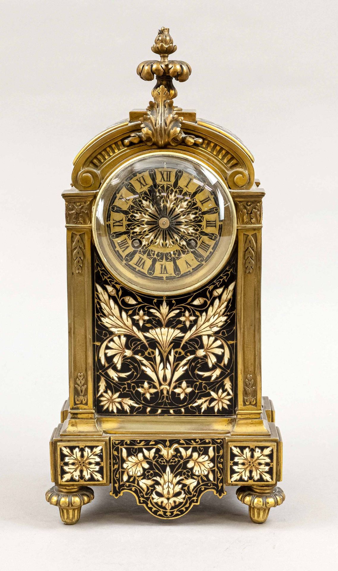 Cloissonne` table clock bronze gilded, 2nd half 19th c., black ground with white/ beige floral