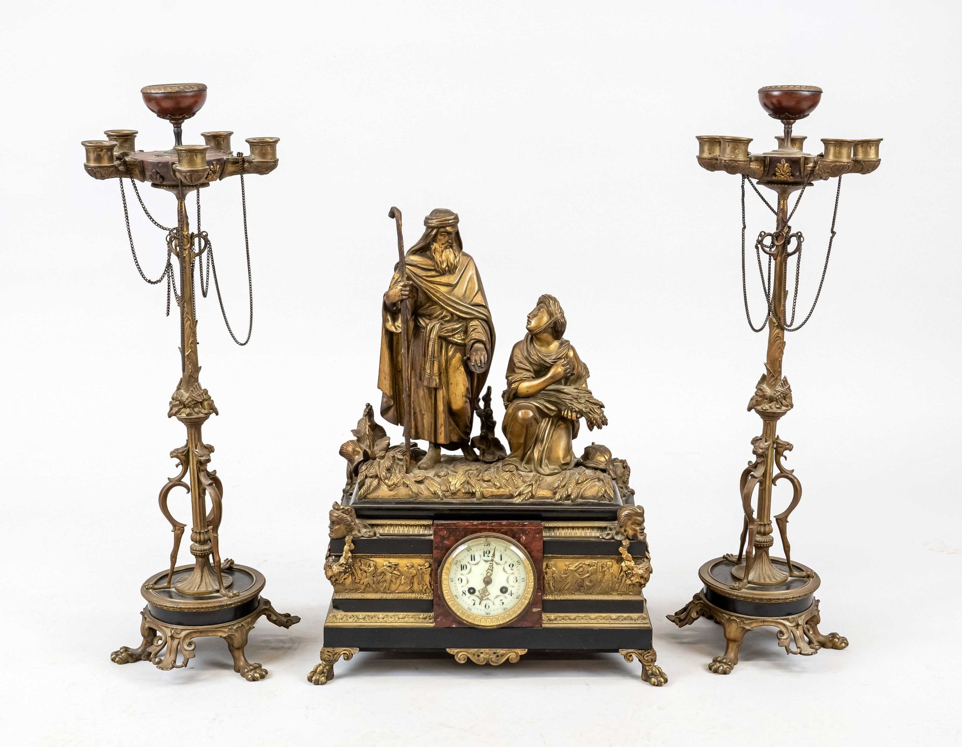 3-piece clock group, 2nd half 19th c., bronze partly gilded, black and red/brown marble,