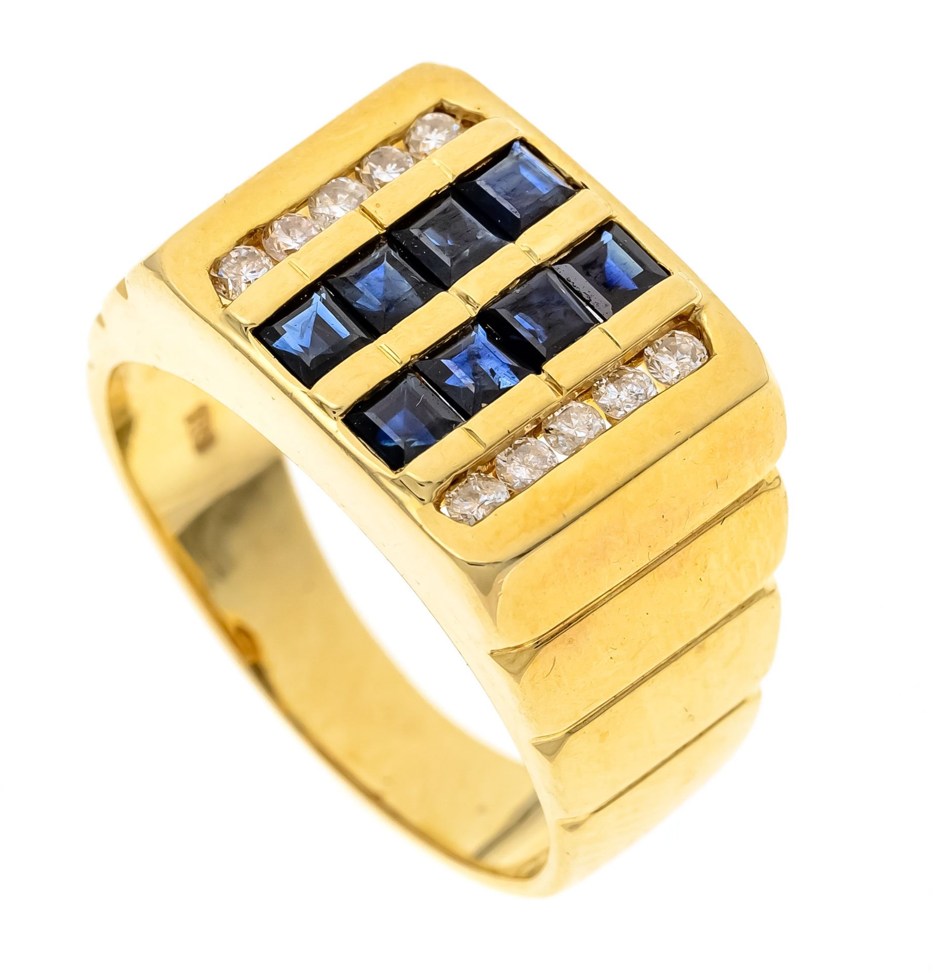 Sapphire diamond ring GG 585/000 with 8 faceted sapphire squares 2 mm and 10 brilliant-cut diamonds,