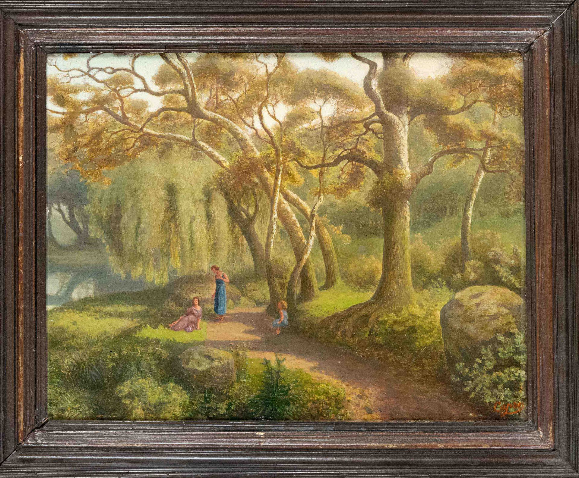 signed Capon, 1st half of 20th century, two women with child in idyllic park landscape, oil on