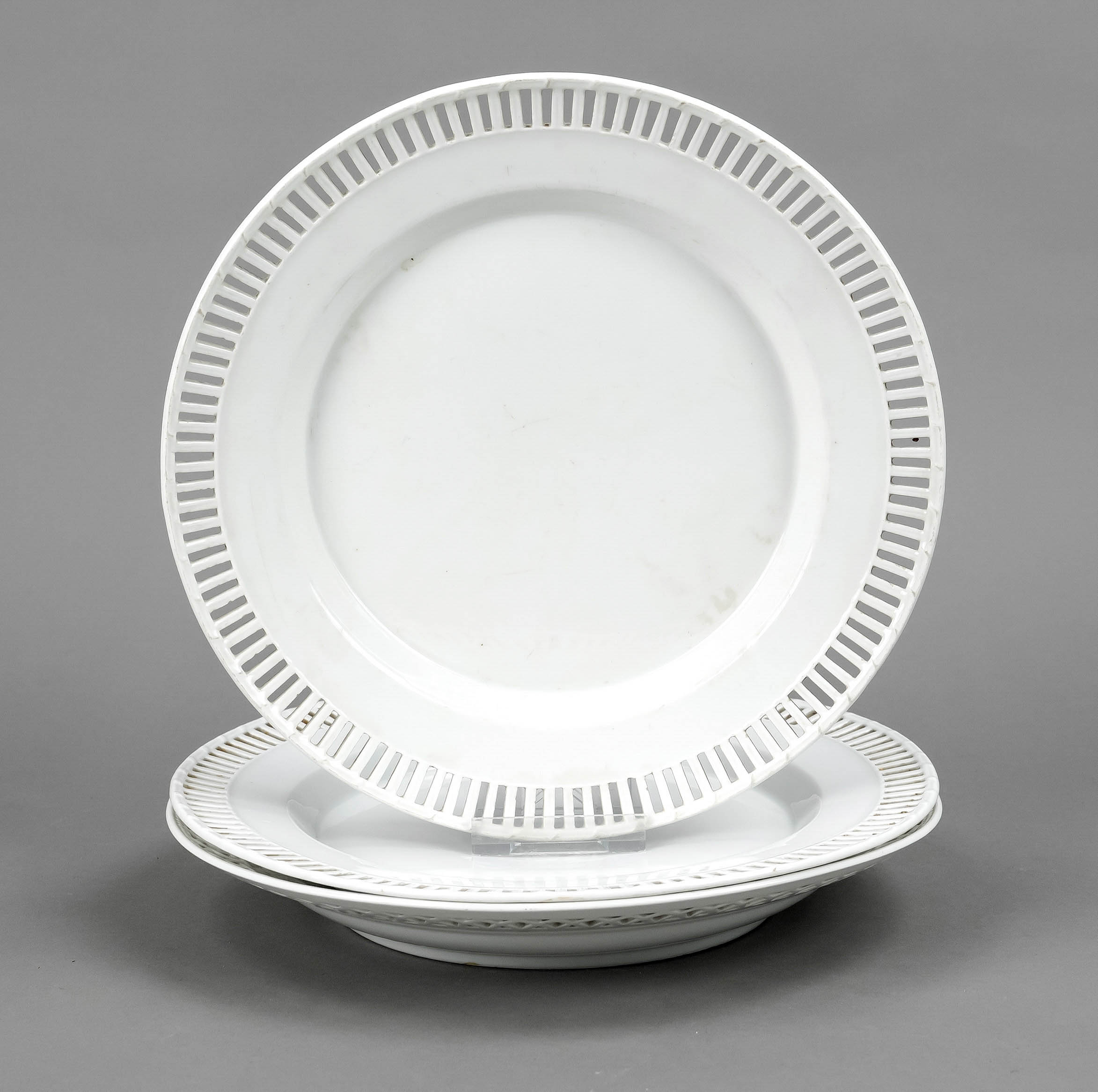 Three plates, KPM Berlin, different marks ca. 1780-1810, 1st and 2nd choice, white, smooth rimmed