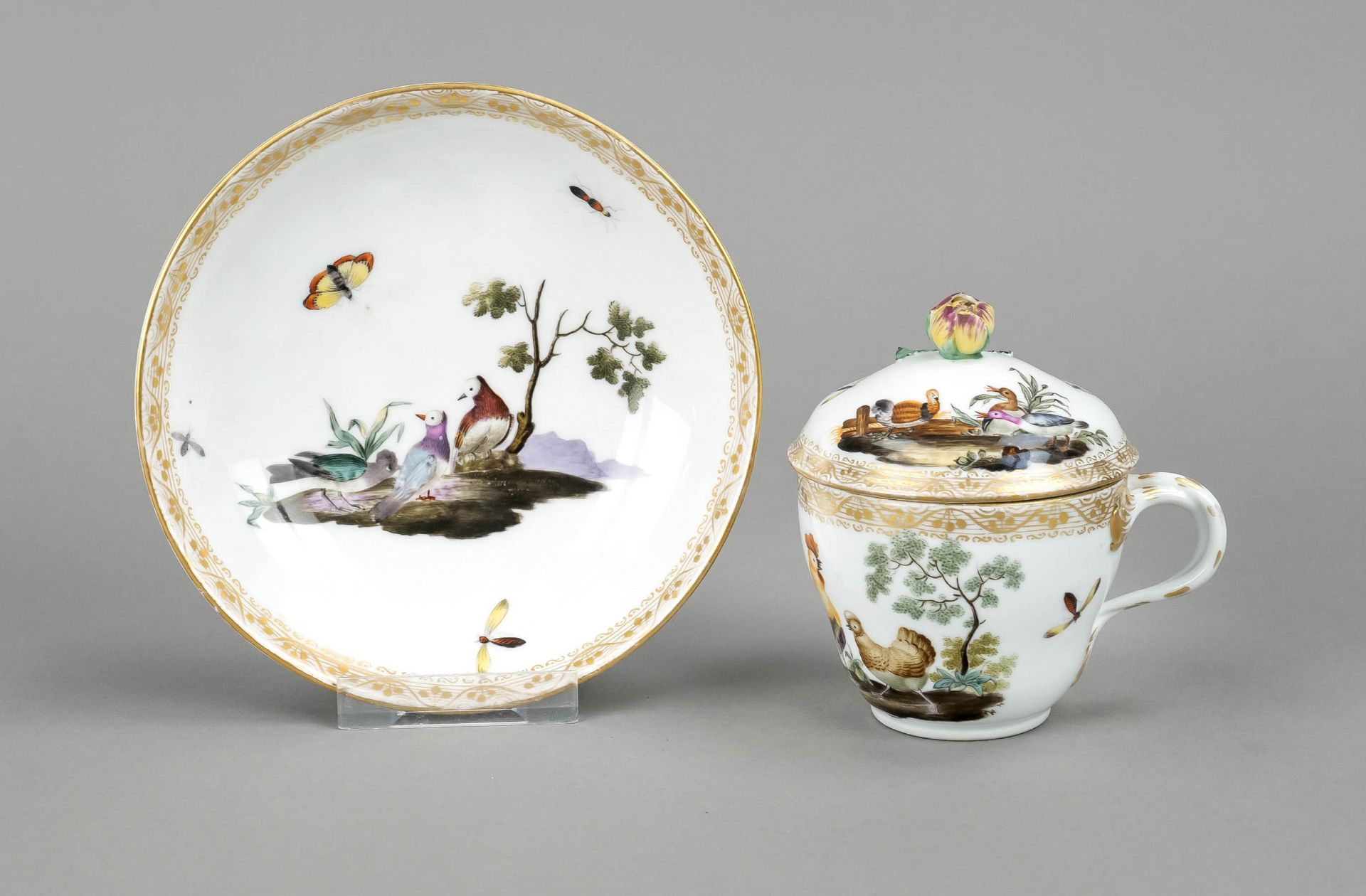 Lidded cup and UT with bird painting, Meissen, 18th century, 1x Marcolini mark 1774-1814, 2nd