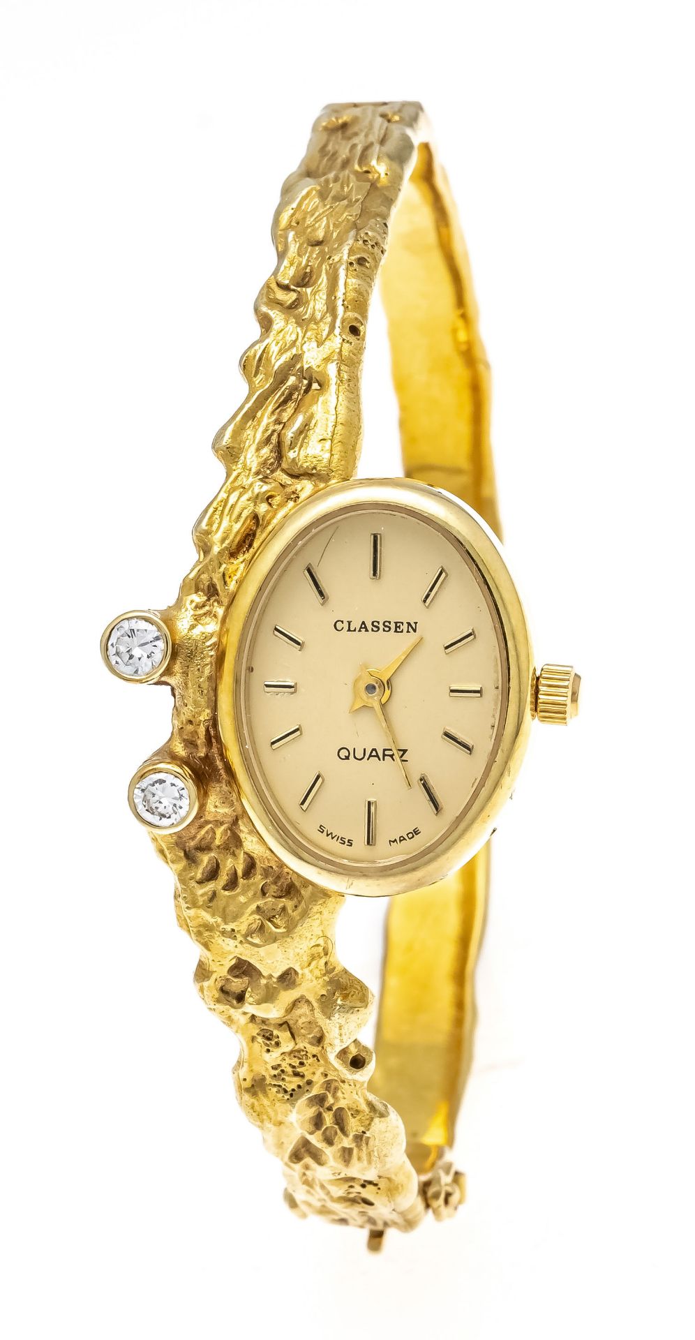 Classen diamond-, designer- ladies quartz watch, 585/000 GG, bracelet as bangle, with box clasp