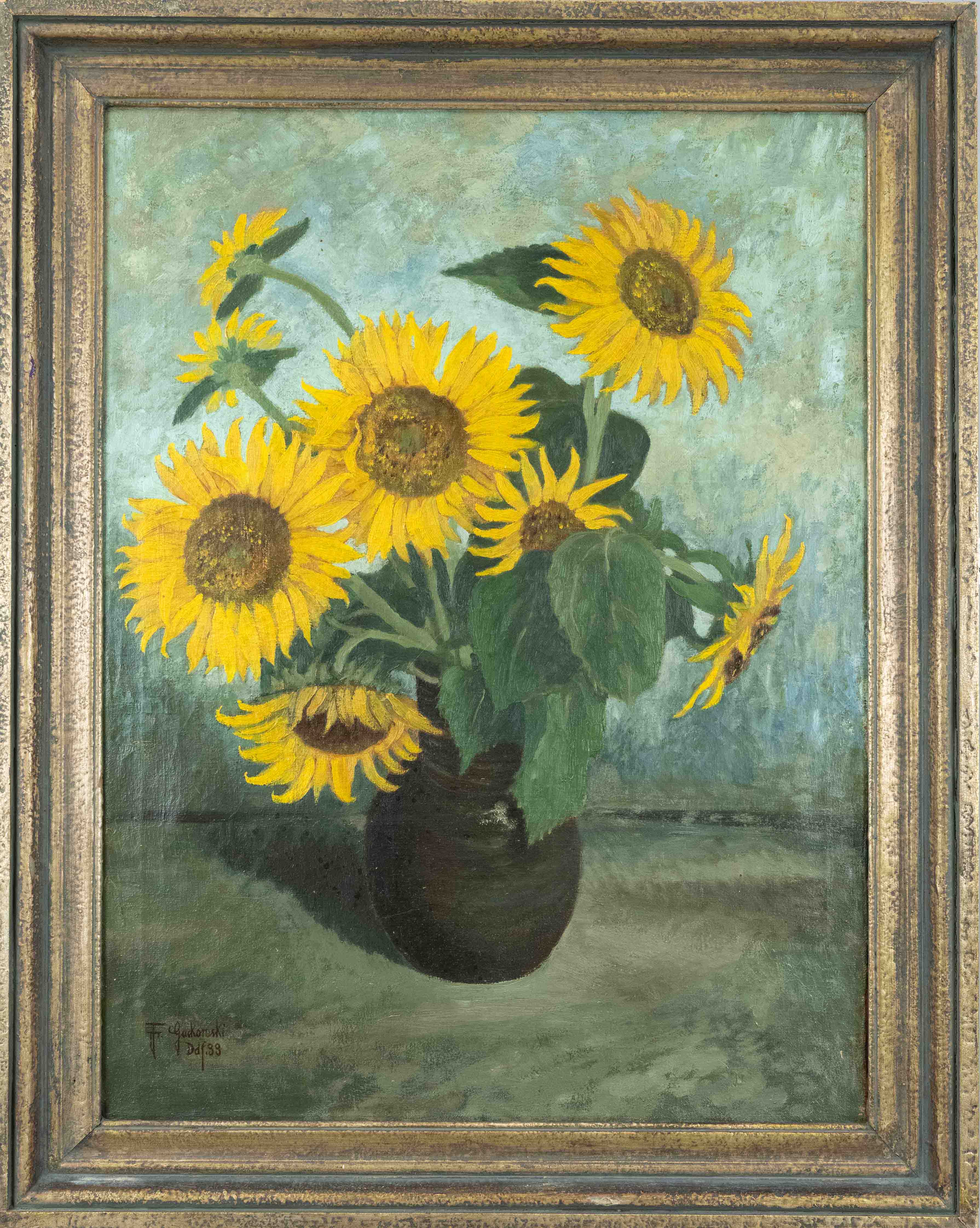 Fr. Gackomski, Düsseldorf painter late 19th c., large still life with sunflowers, oil on canvas,