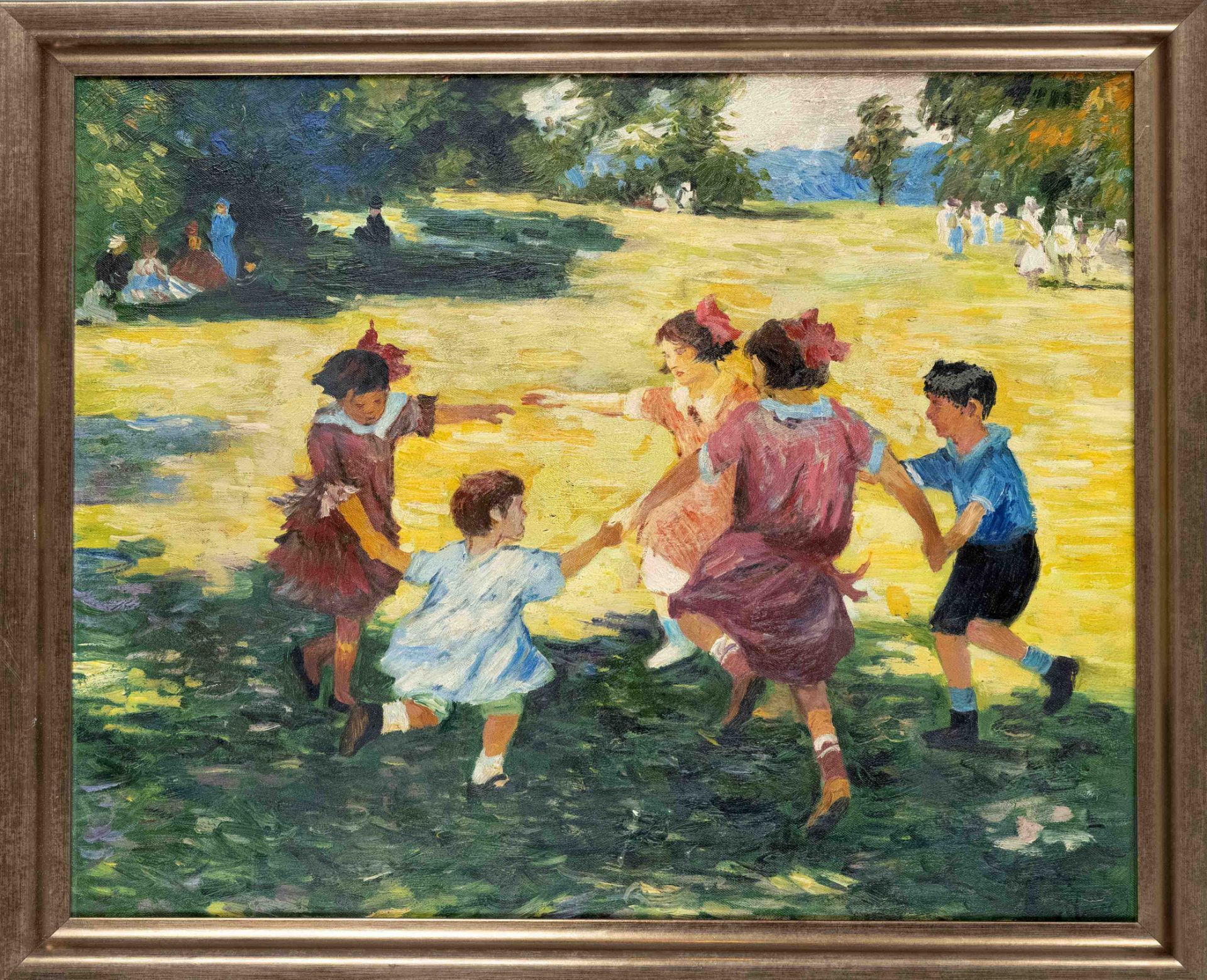 Unidentified painter 1st half 20th century, Park Landscape with Dancing Children, oil on canvas over