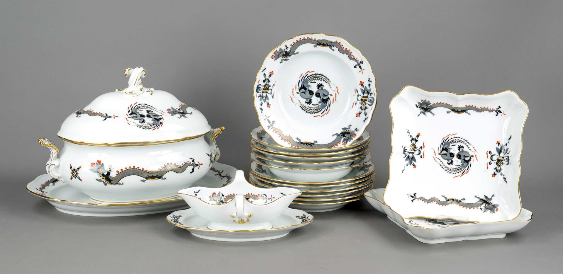 Dinner service for 6 persons, 17 pieces, Meissen, Pfeiffer period 1924-34, 1st choice, form New