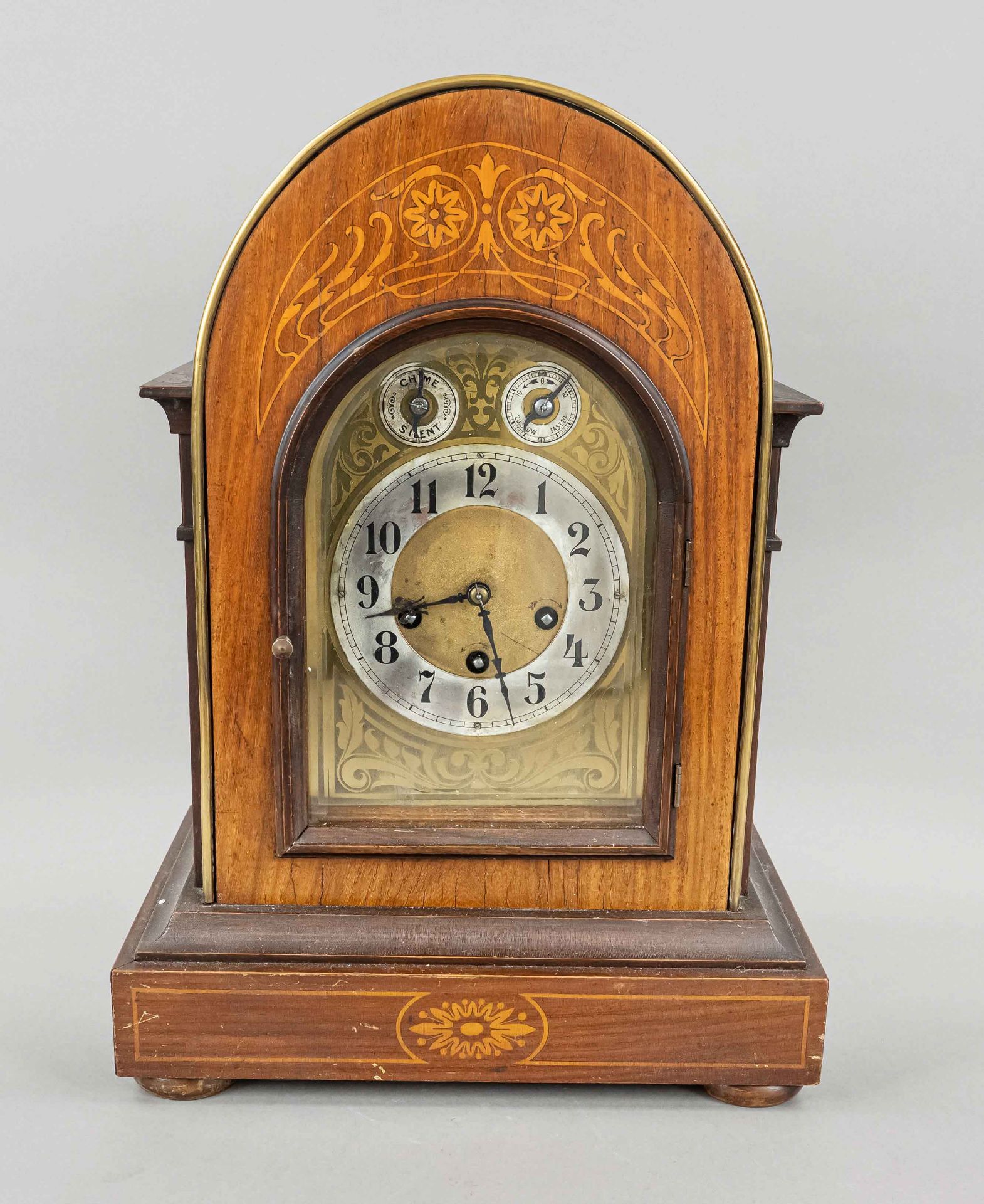 Junghans table clock Westminster movement, around 1890, with thread and floral inlays, lateral