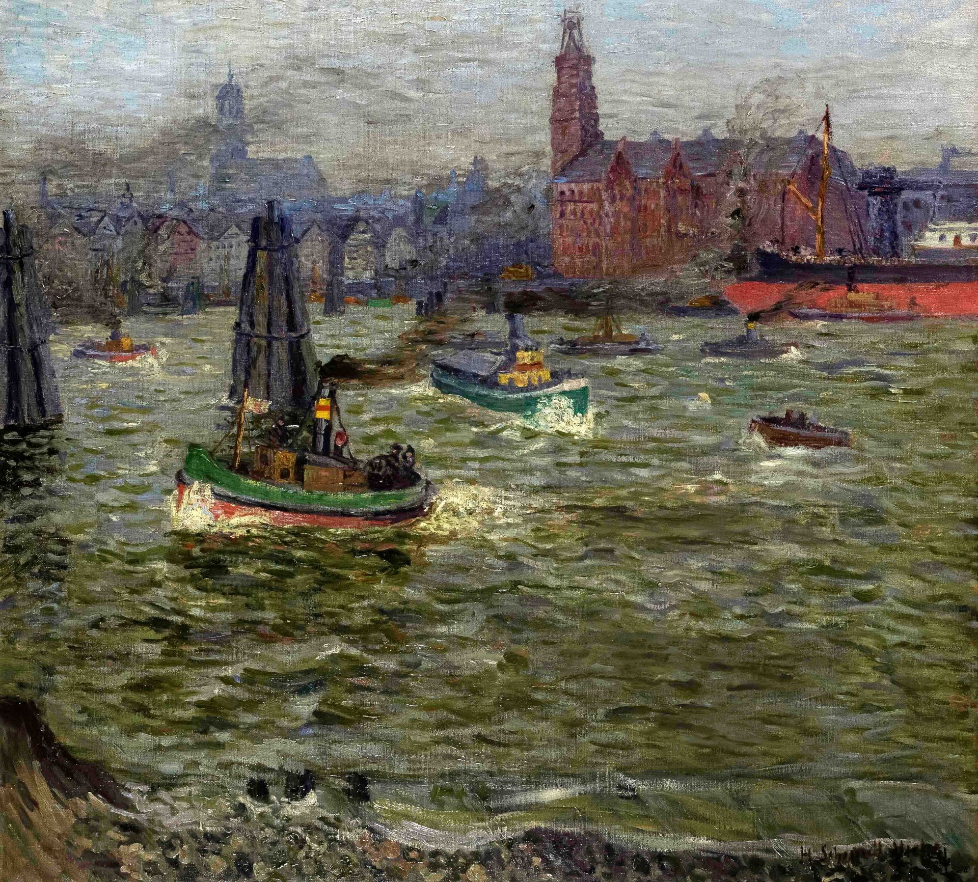 Schmidt-Stieler, H. Hamburg painter of the 1st half of the 20th c. View of Hamburg harbor with
