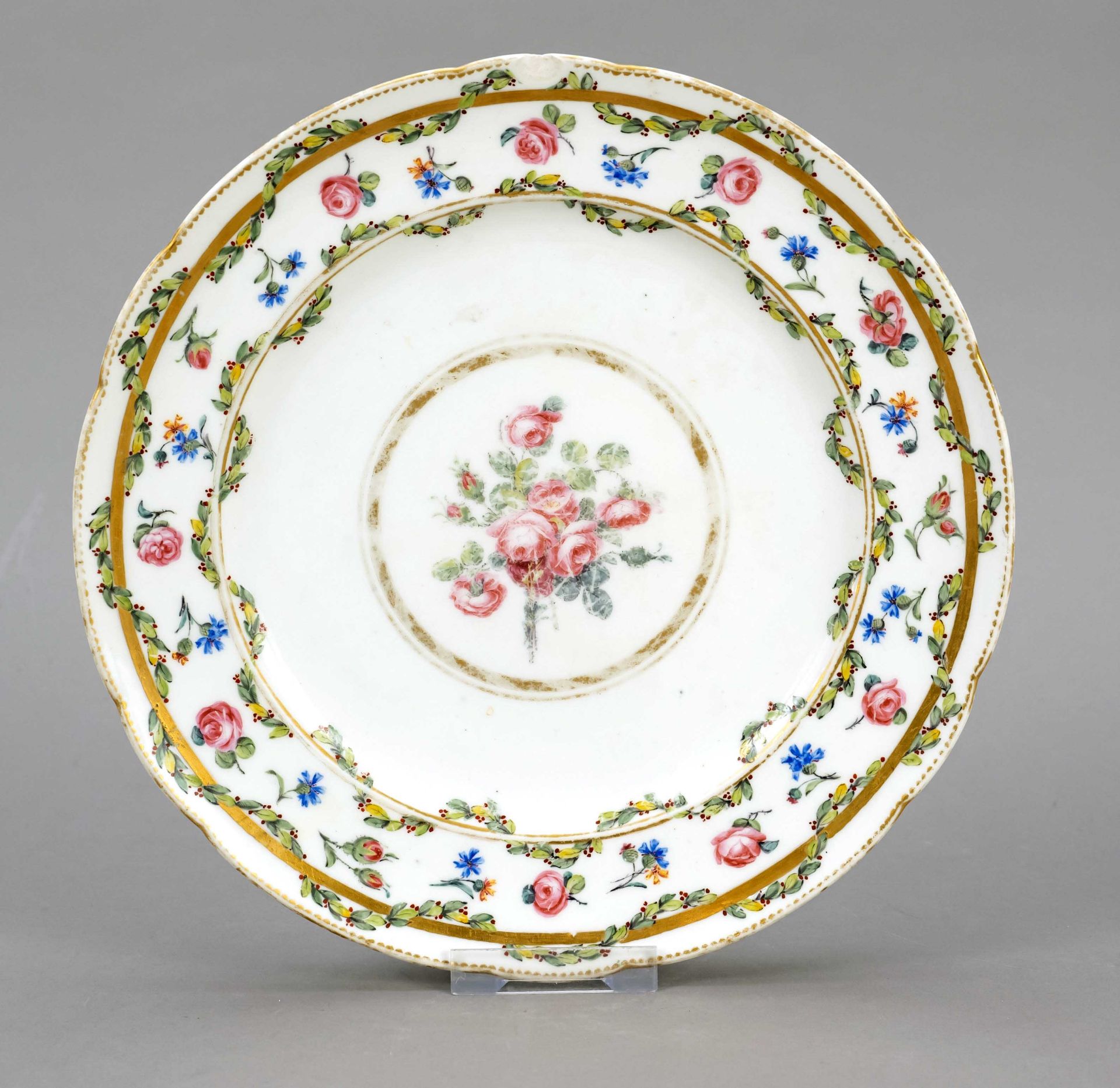 Flat plate, Sevres, France, 18th century, polychrome painting, painter's mark for Vincent