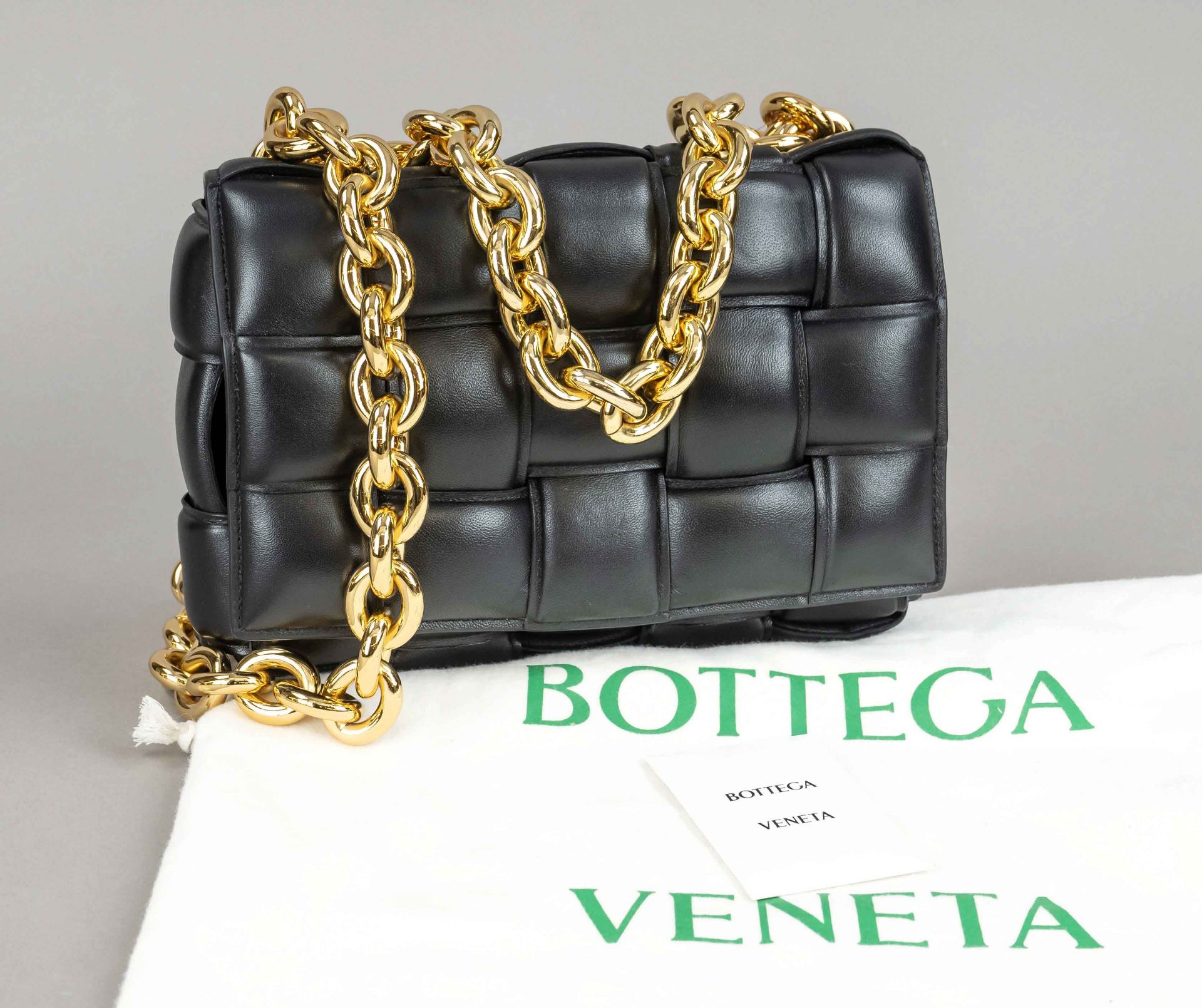 Bottega Veneta, Black Padded Chain Cassette Bag, black padded Intreccio lambskin, gold-tone