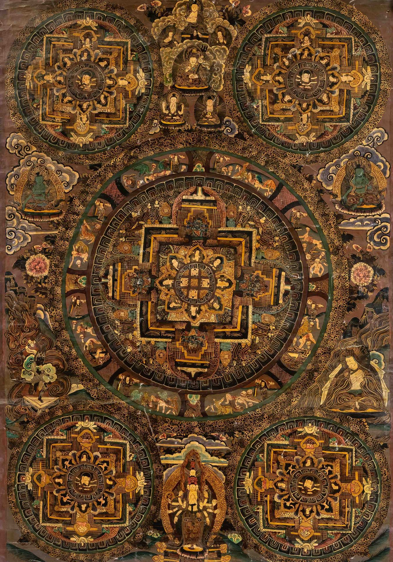 Thangka of the great mandala palace, probably Nepal 19th century, ink and colors on oiled textile,