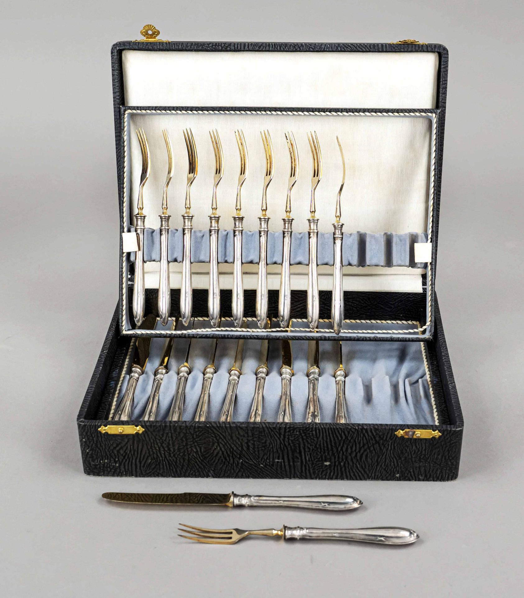 Fruit set for six persons, German, silver 835/000, filled handles with cross band decor, 10 knives