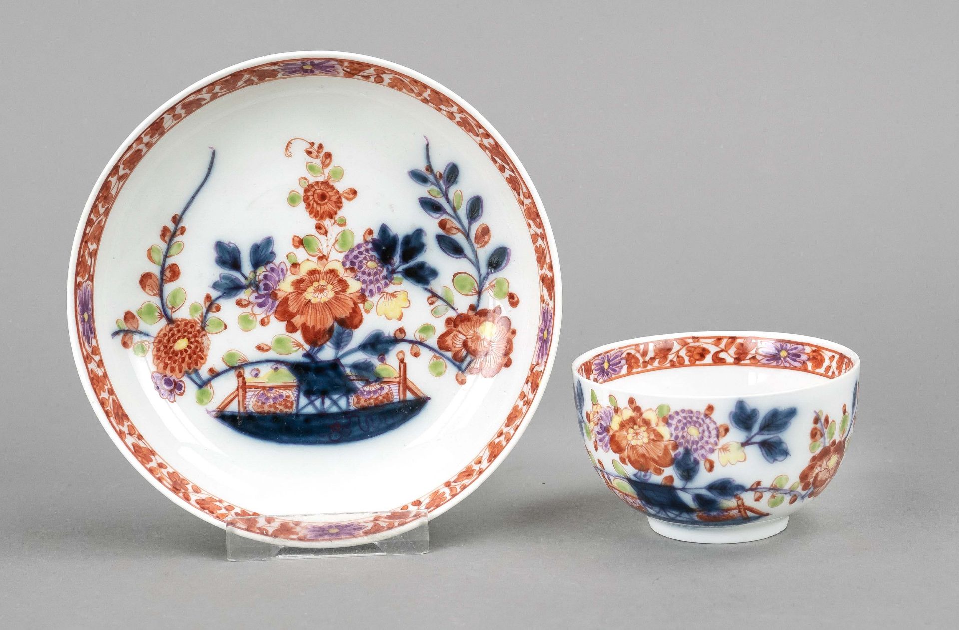 Cup with saucer, Meissen, 19th century, 1st choice, half-round shape with ear handle, polychrome