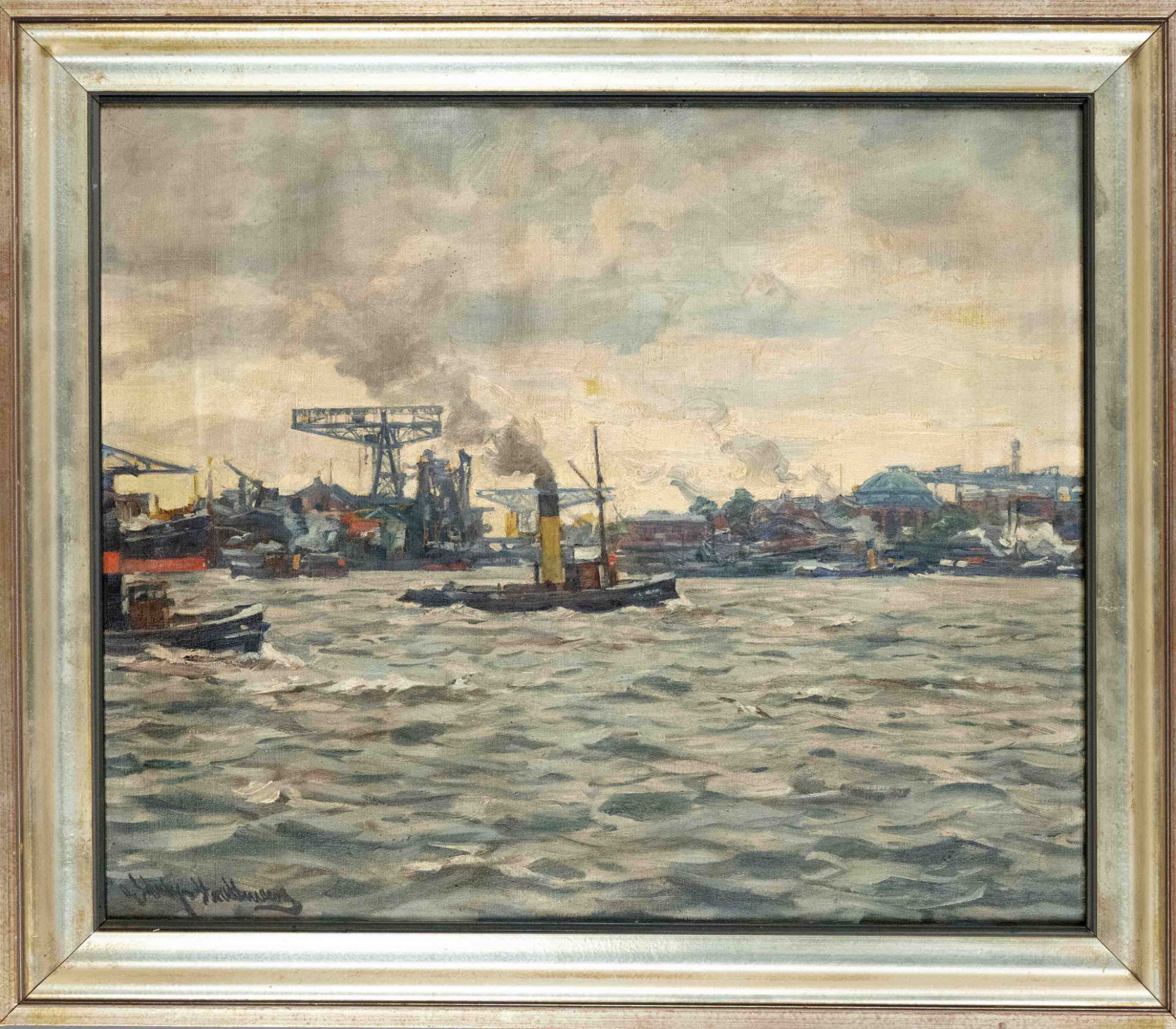 Otto Schulz-Stradtmann (1892-1960), Hamburg painter. Hamburg harbor, oil on canvas, signed lower