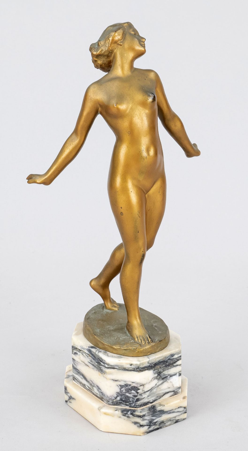 Sculptor early 20th century, Art Nouveau girl, striding female nude with closed eyes, gilt bronze on - Image 2 of 2