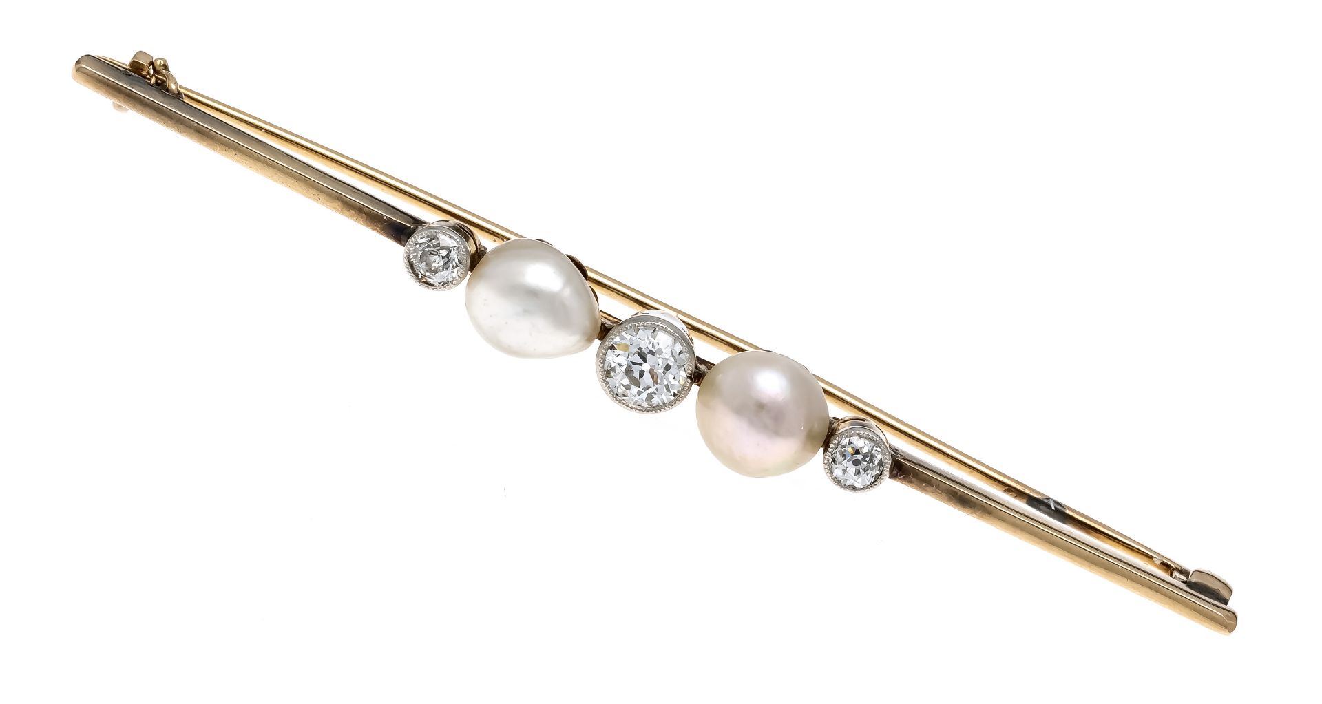 Old-cut diamond pearl pin GG/WG 585/000 with 2 white half pearls 7 - 6 mm and 3 old-cut diamonds,